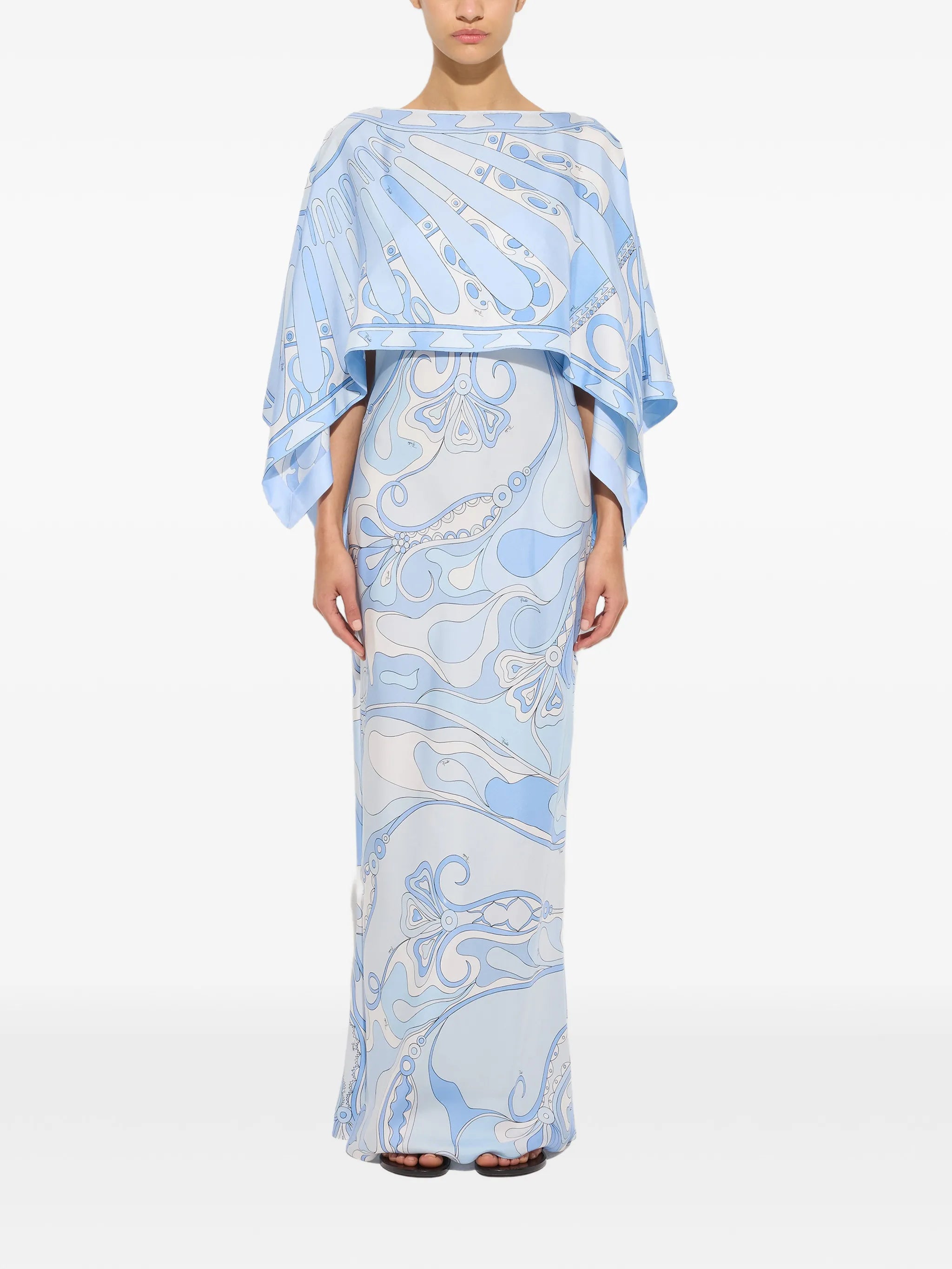 Orchidee and Soleil-print silk dress with cape