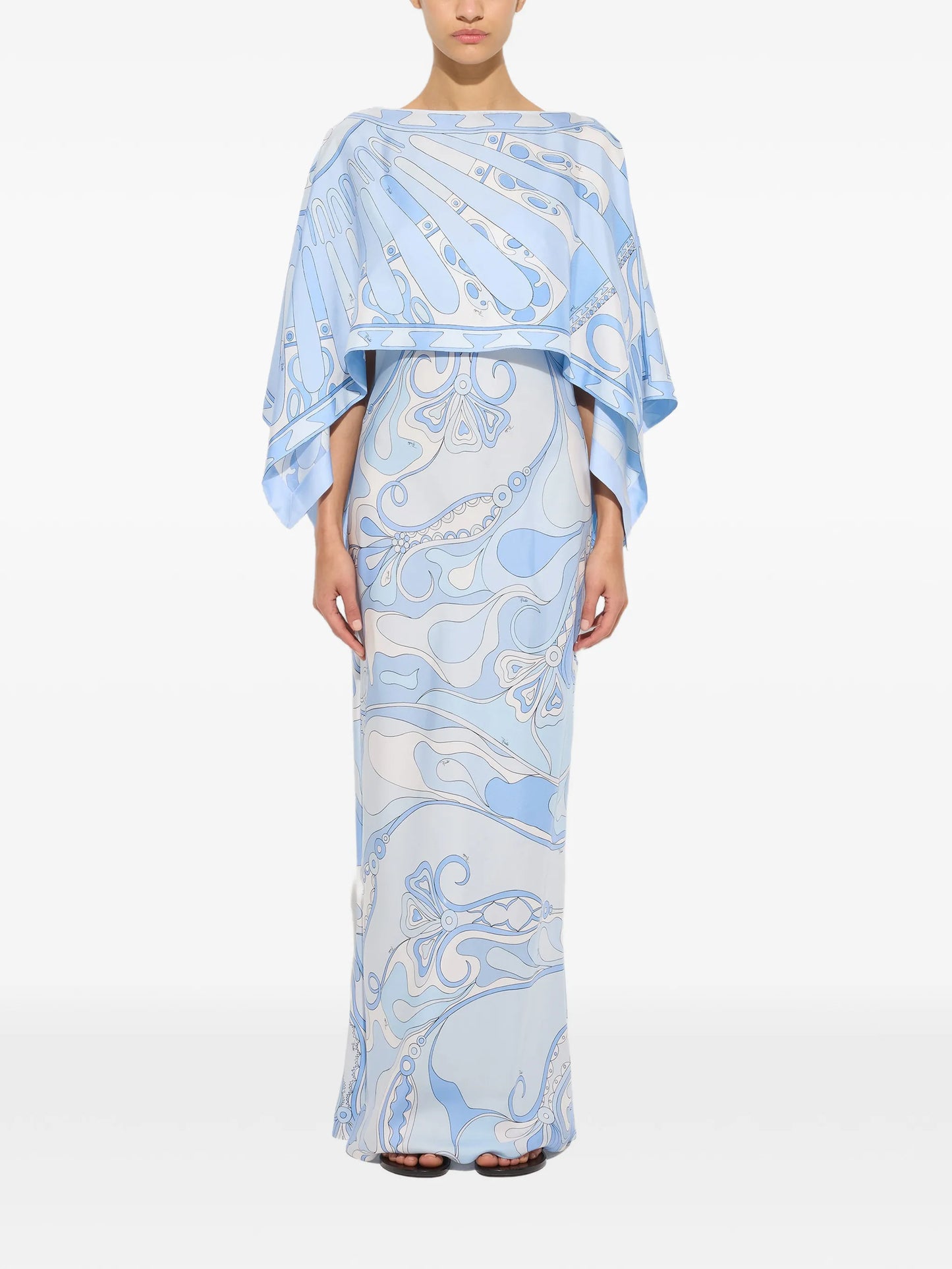 Orchidee and Soleil-print silk dress with cape
