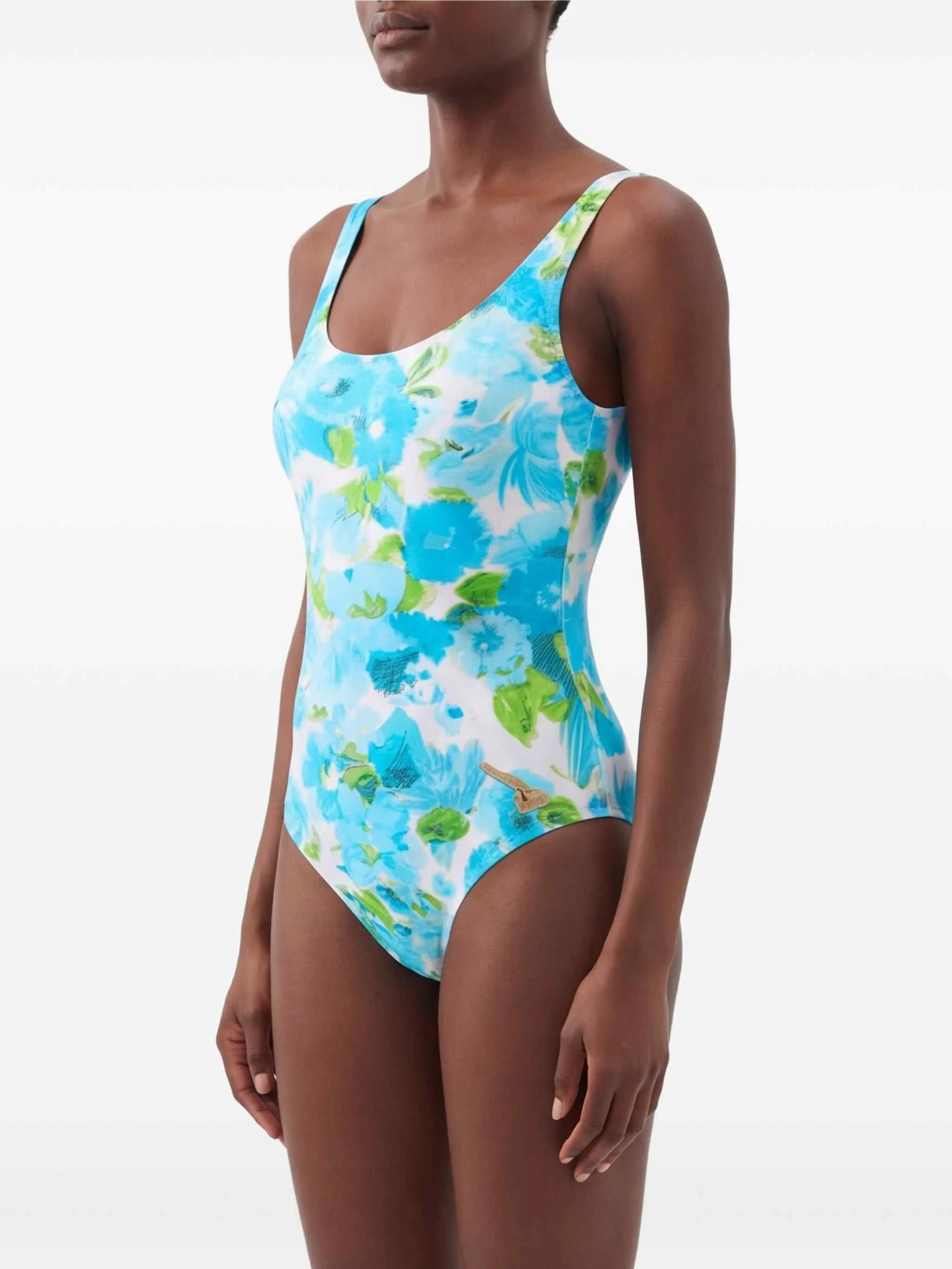 aqua flower-print one-piece swimsuit