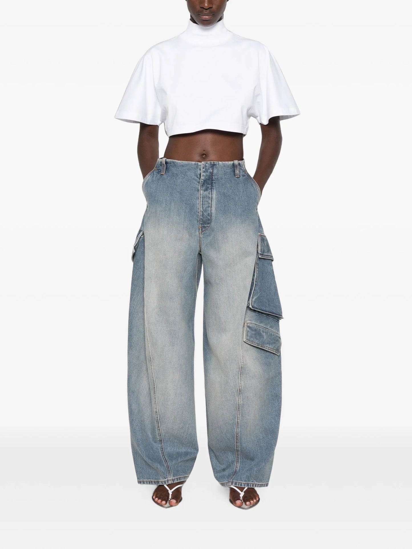 faded-effect denim cargo pants
