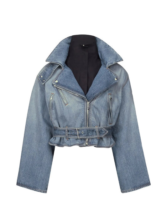 layered belted denim jacket