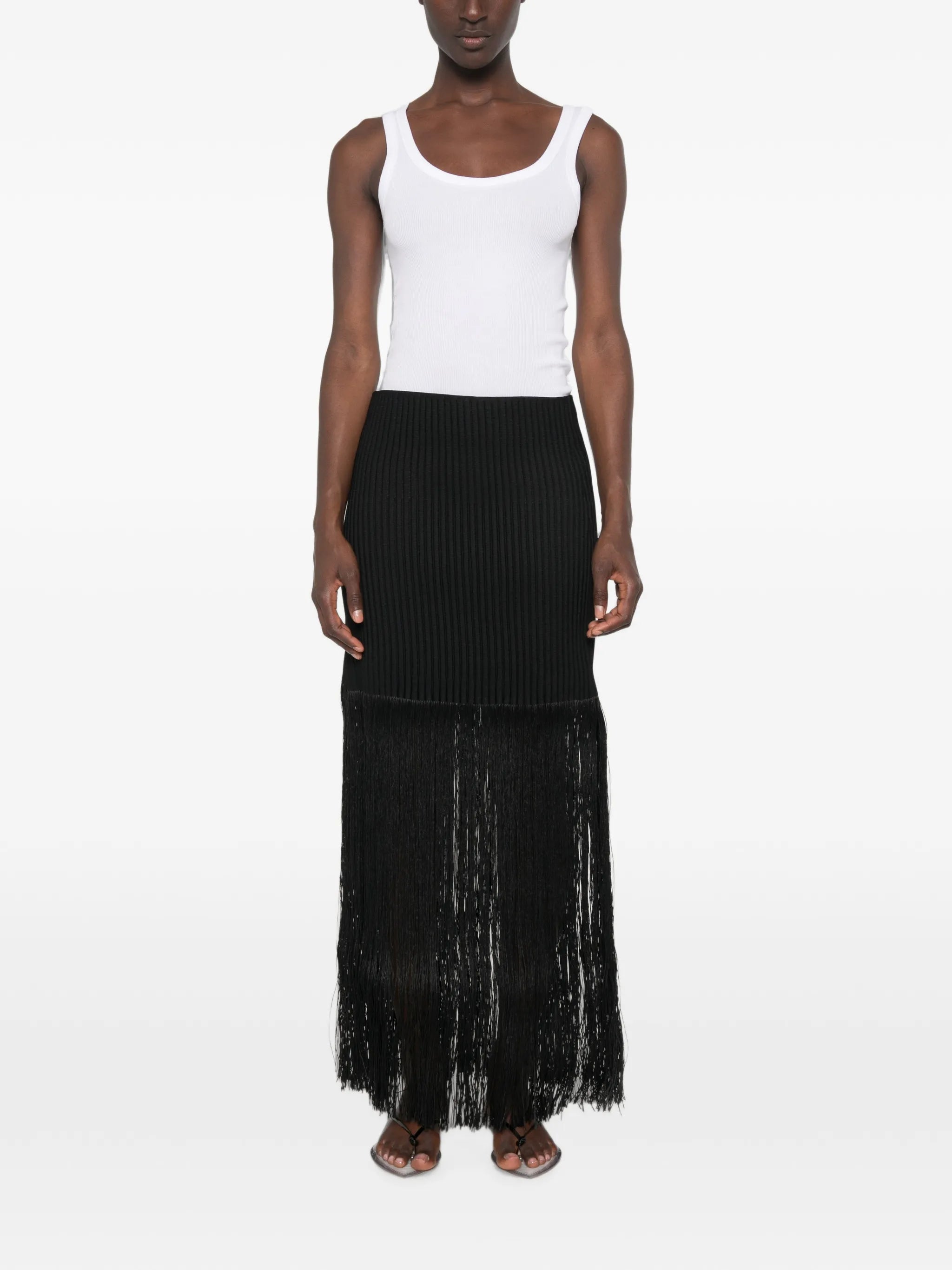 fringed ribbed-knit midi skirt