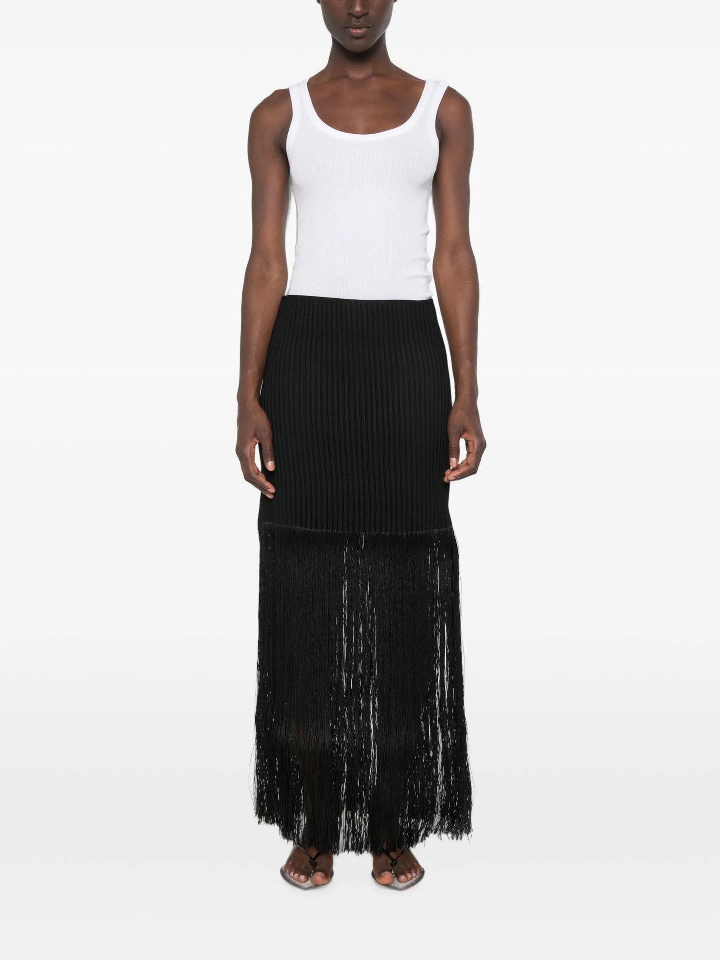 fringed ribbed-knit midi skirt