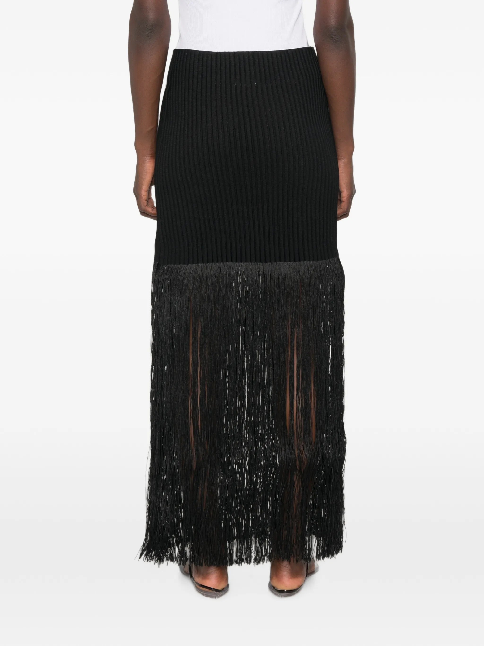 fringed ribbed-knit midi skirt