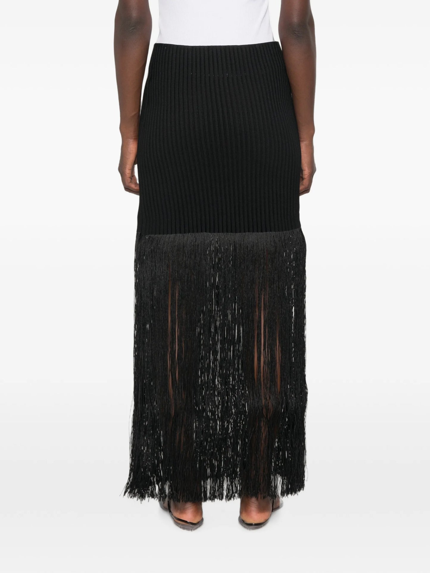 fringed ribbed-knit midi skirt
