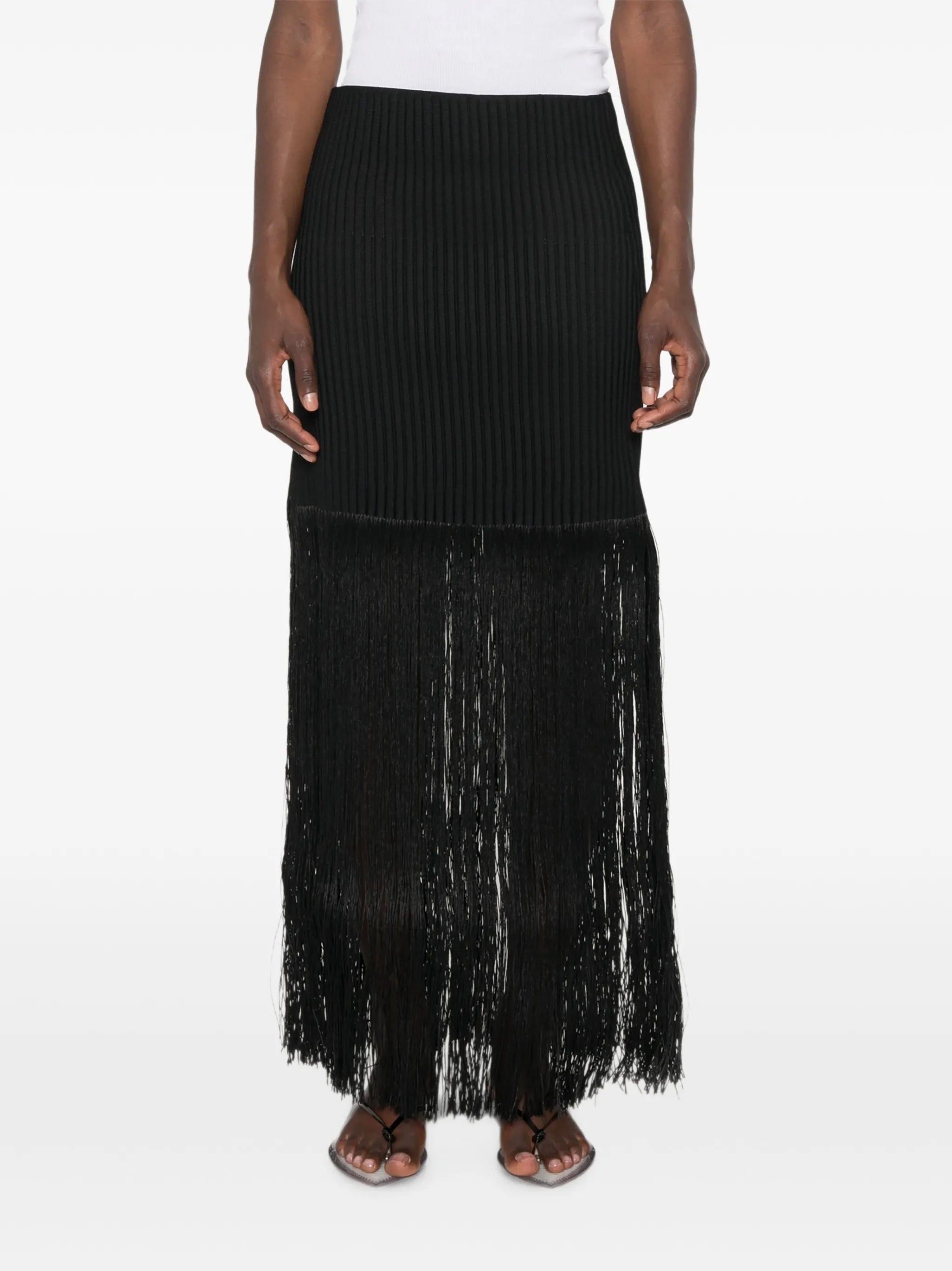 fringed ribbed-knit midi skirt