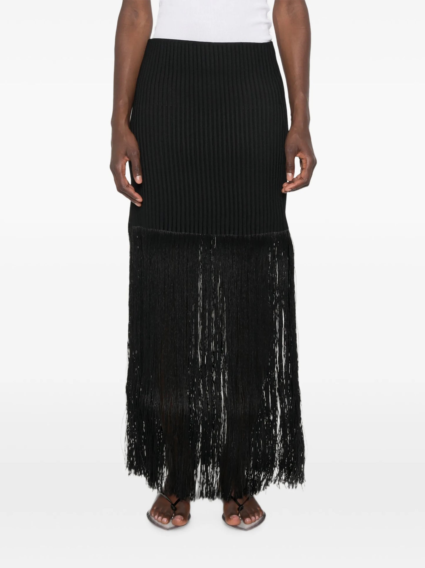 fringed ribbed-knit midi skirt