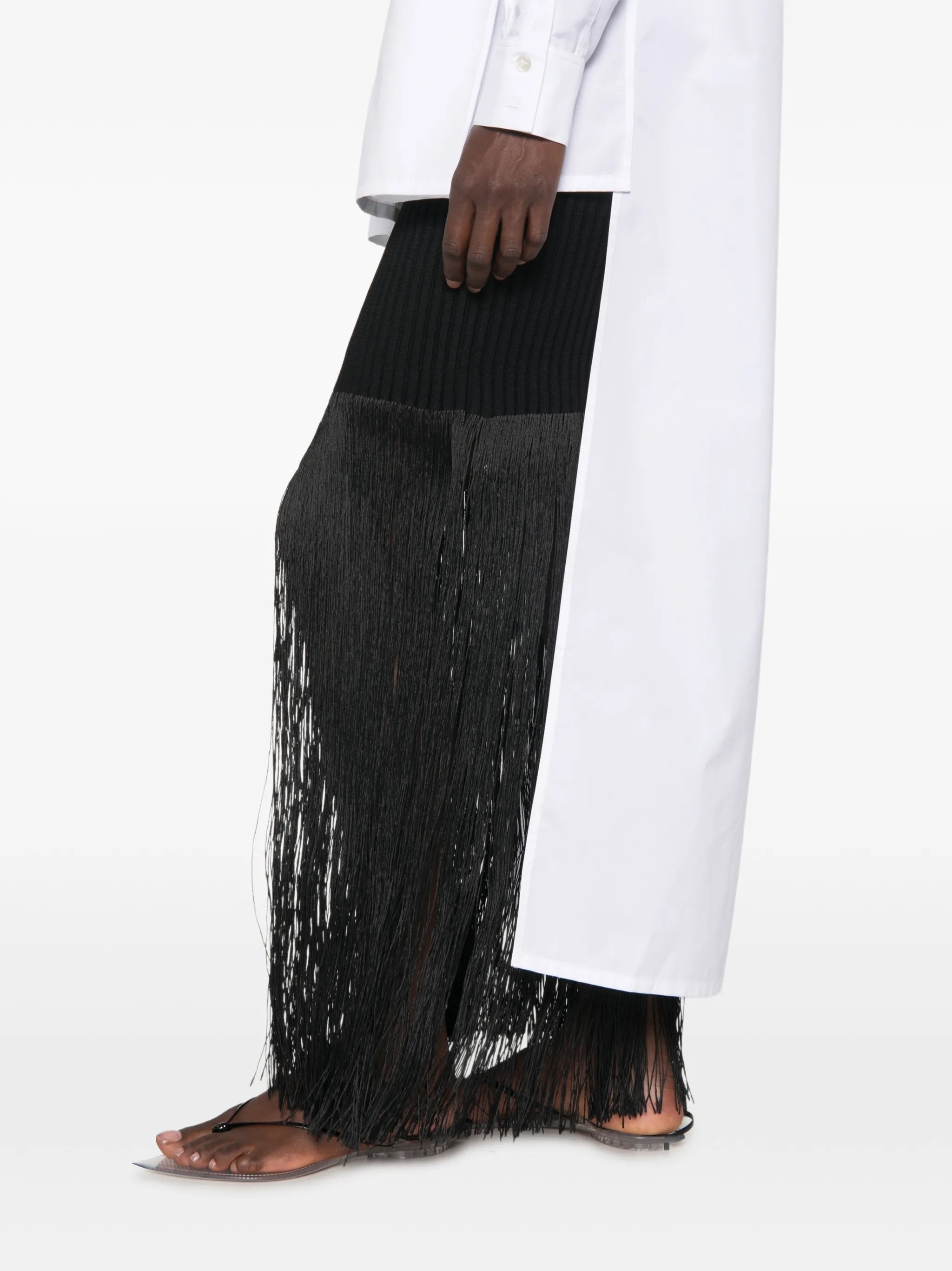 fringed ribbed-knit midi skirt