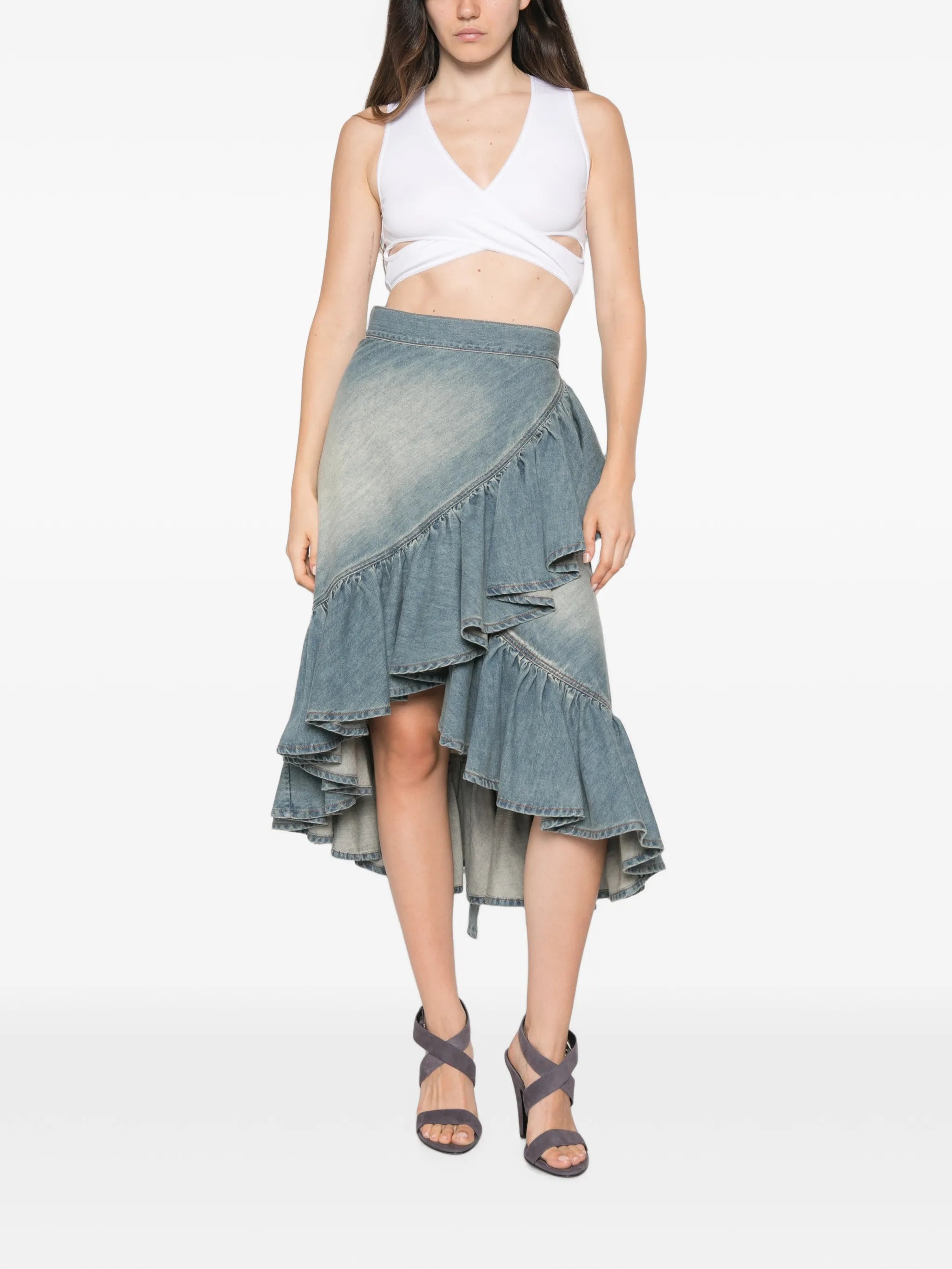 ruffled-trim wrap-style midi skirt