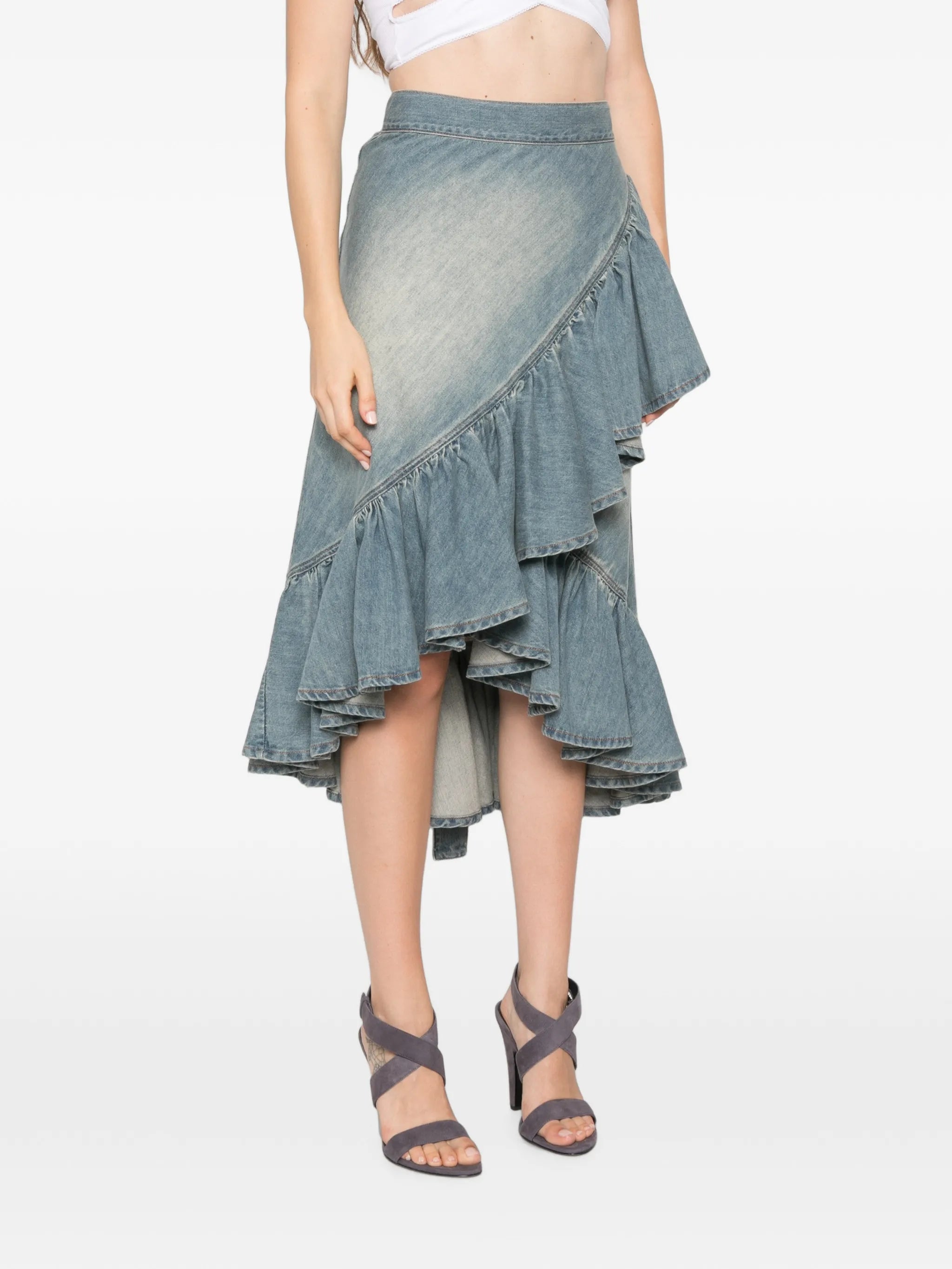 ruffled-trim wrap-style midi skirt