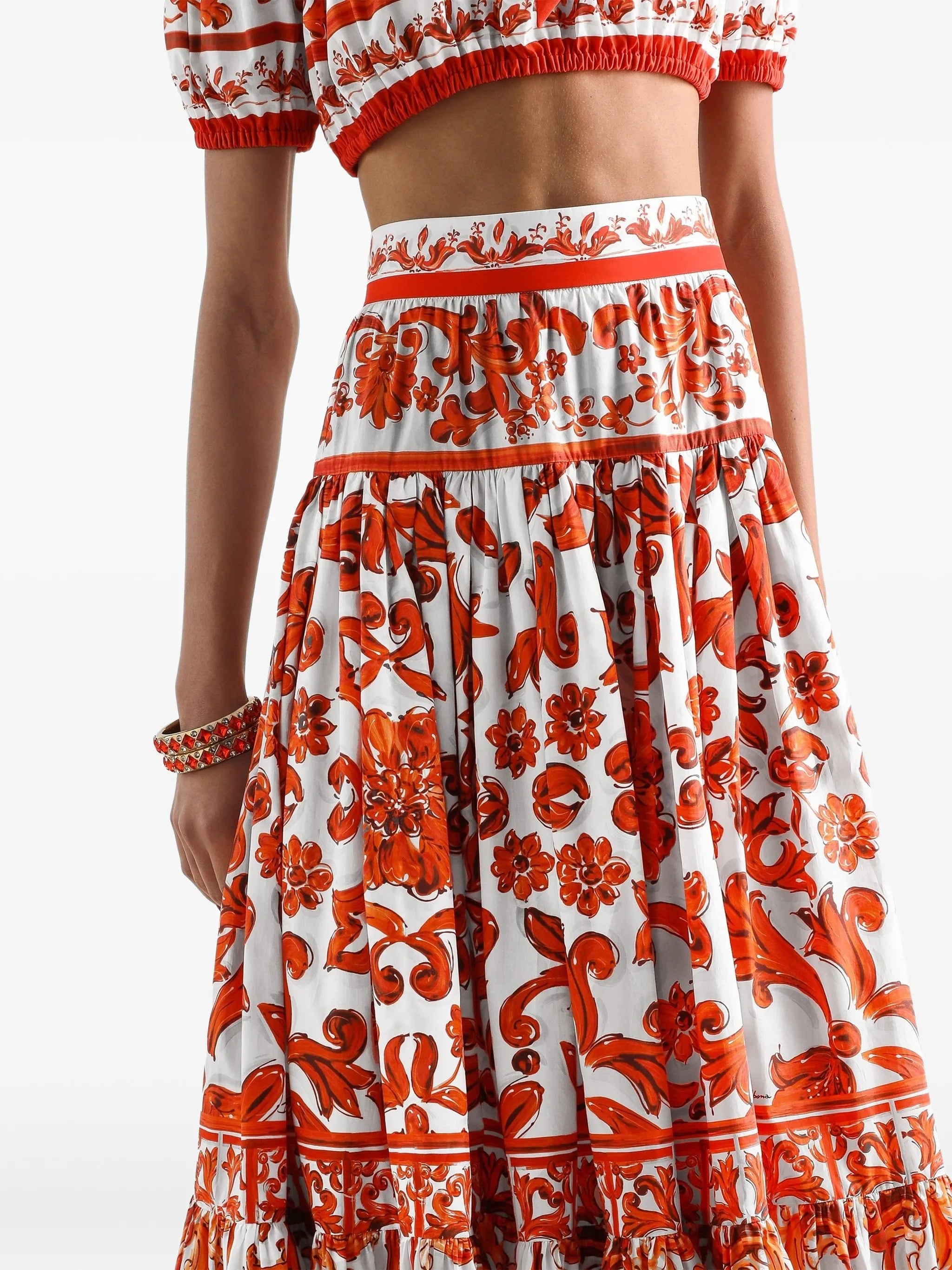 Majolica-print poplin long skirt