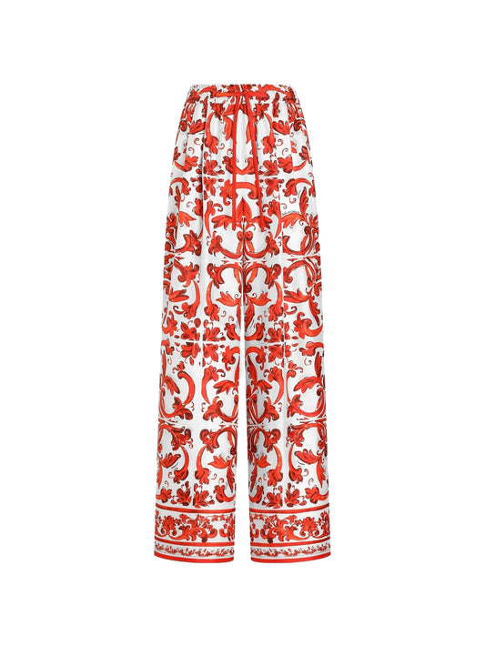 Majolica-print silk trousers
