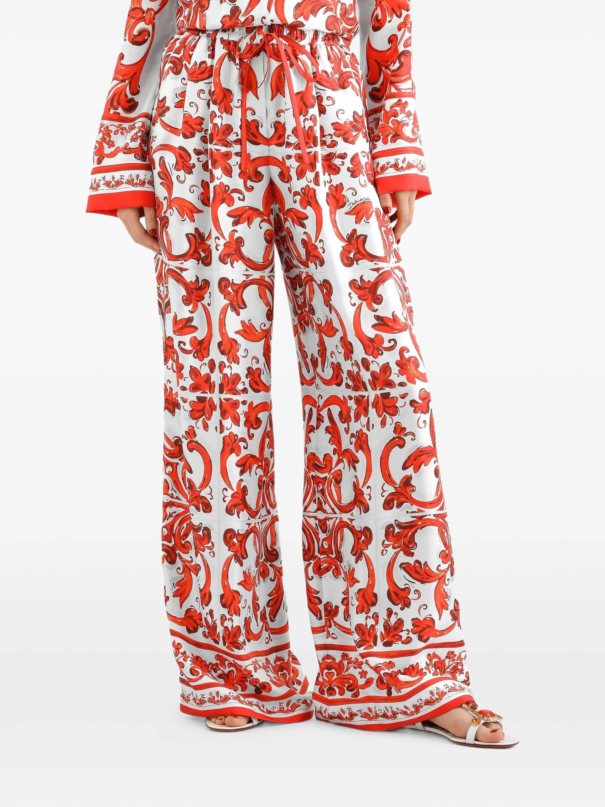 Majolica-print silk trousers