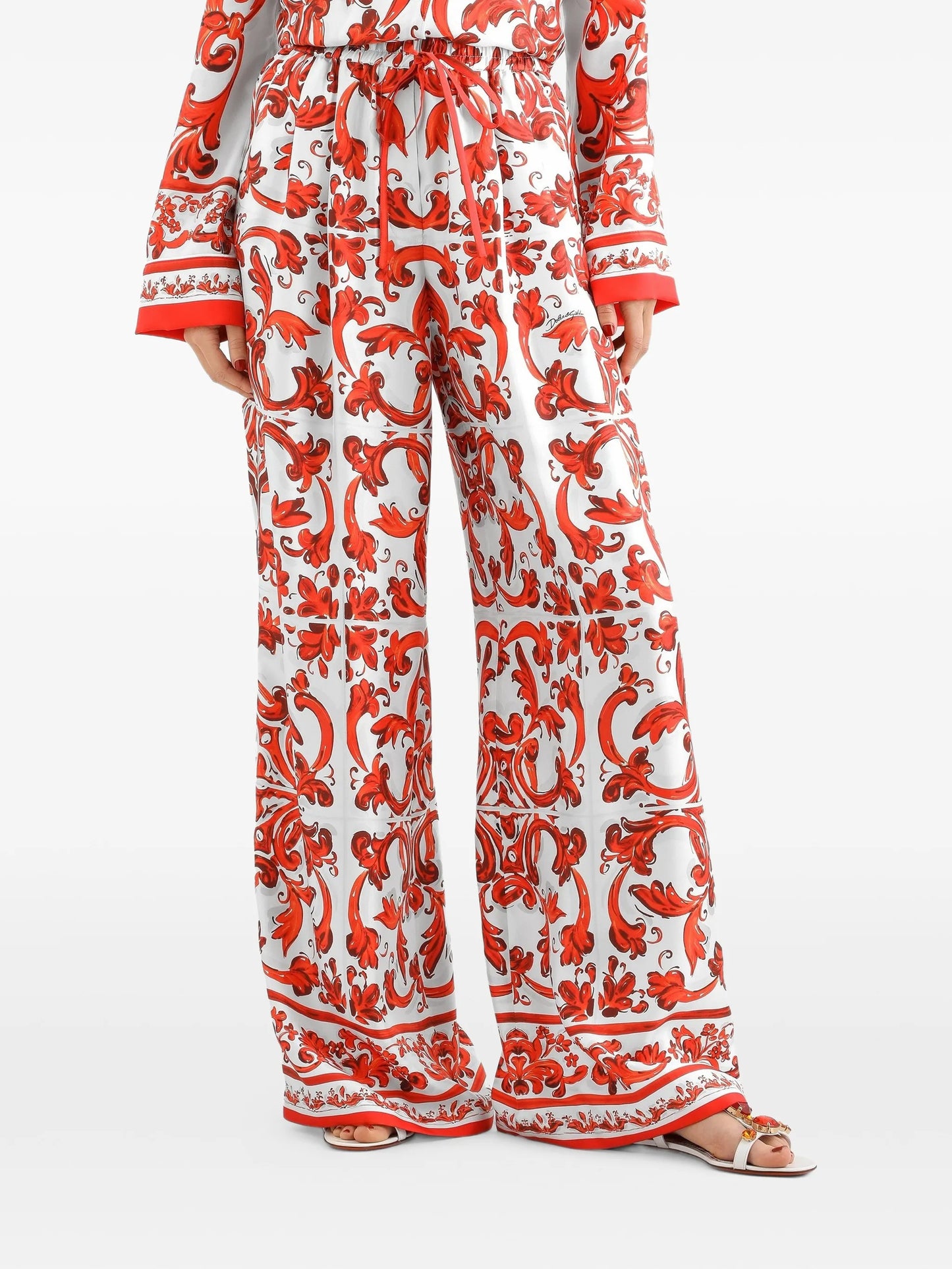 Majolica-print silk trousers