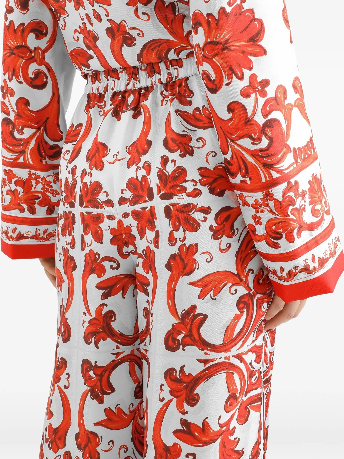 Majolica-print silk trousers