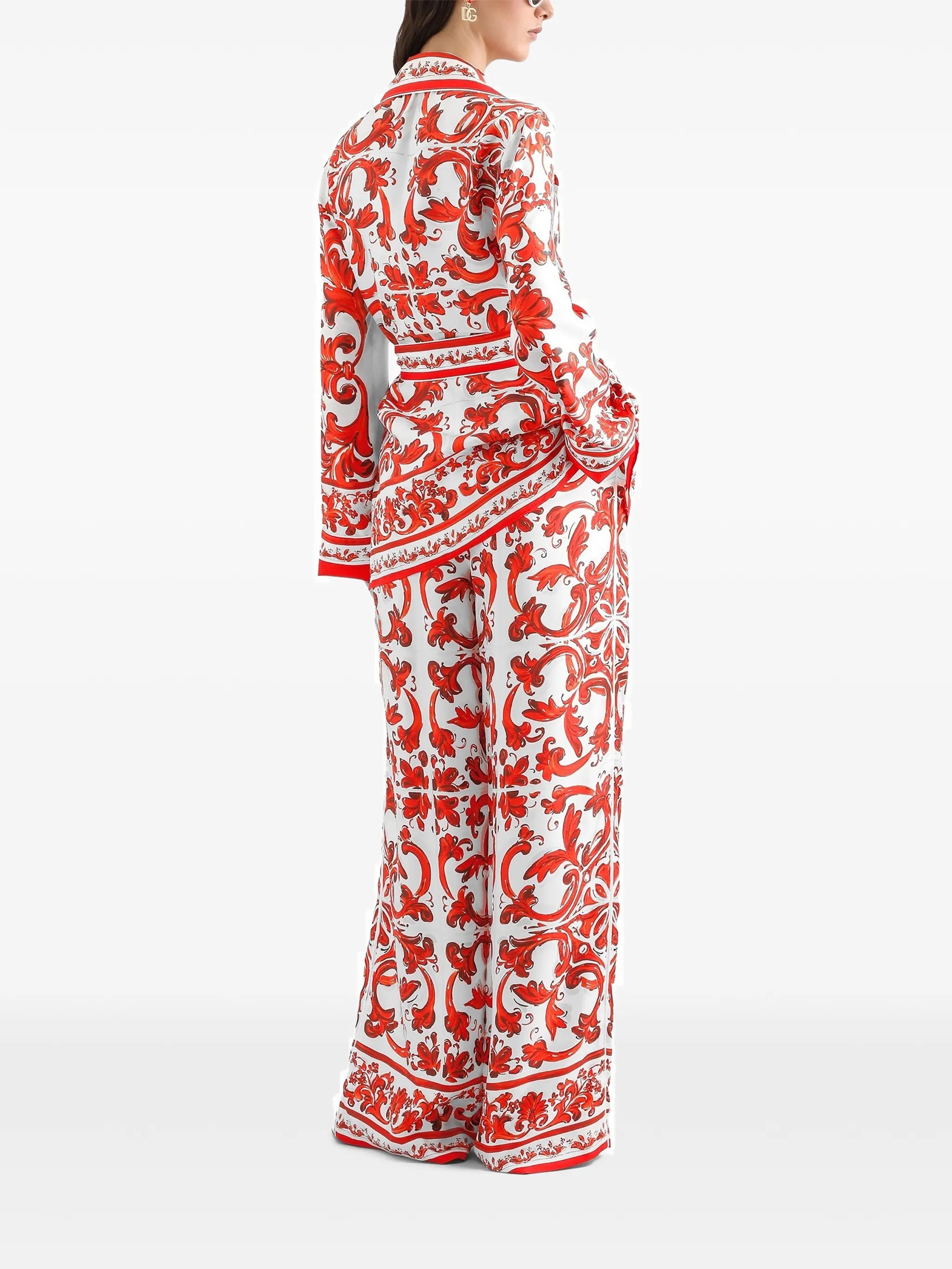 Majolica-print silk trousers
