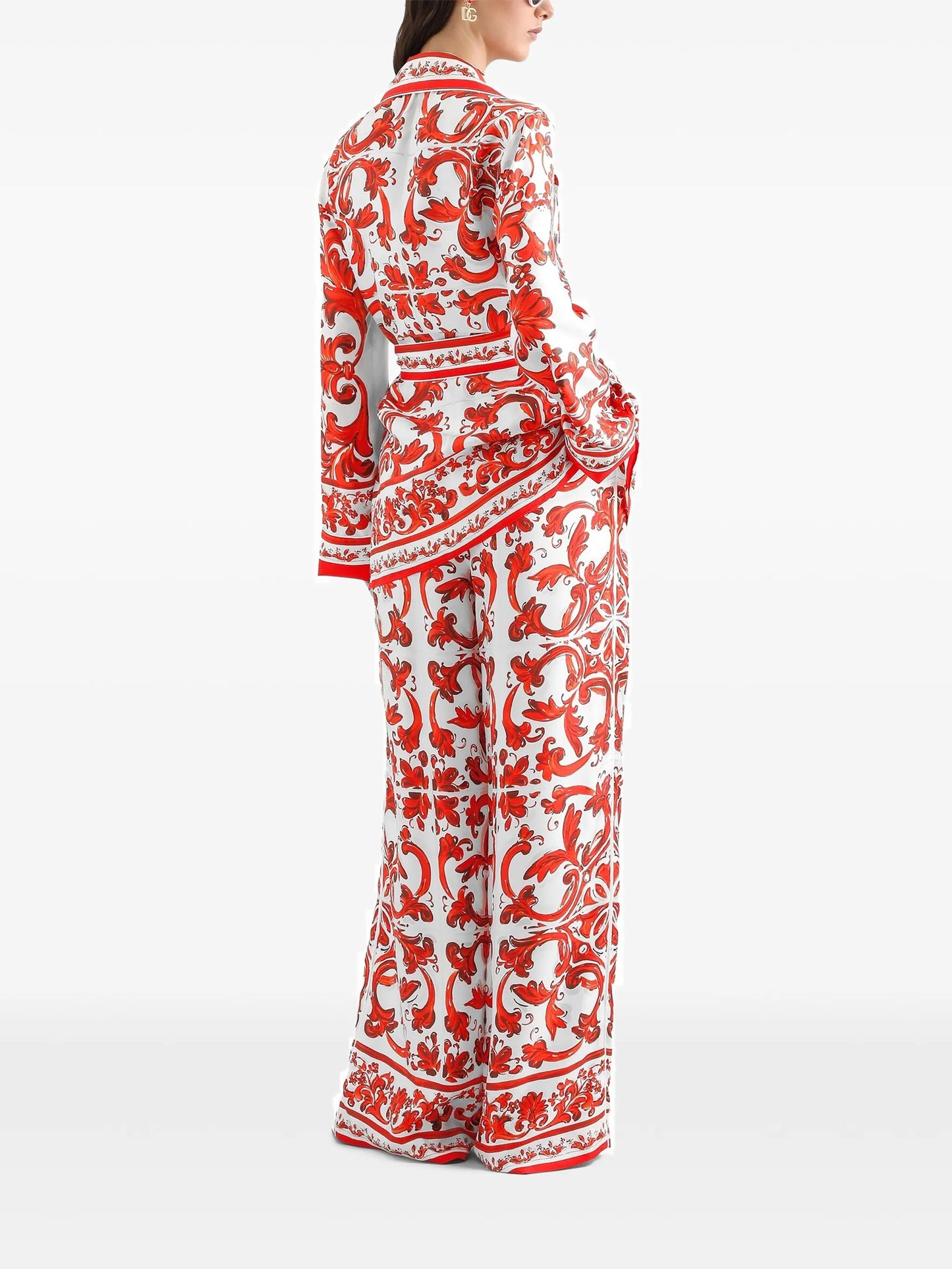 Majolica-print silk trousers