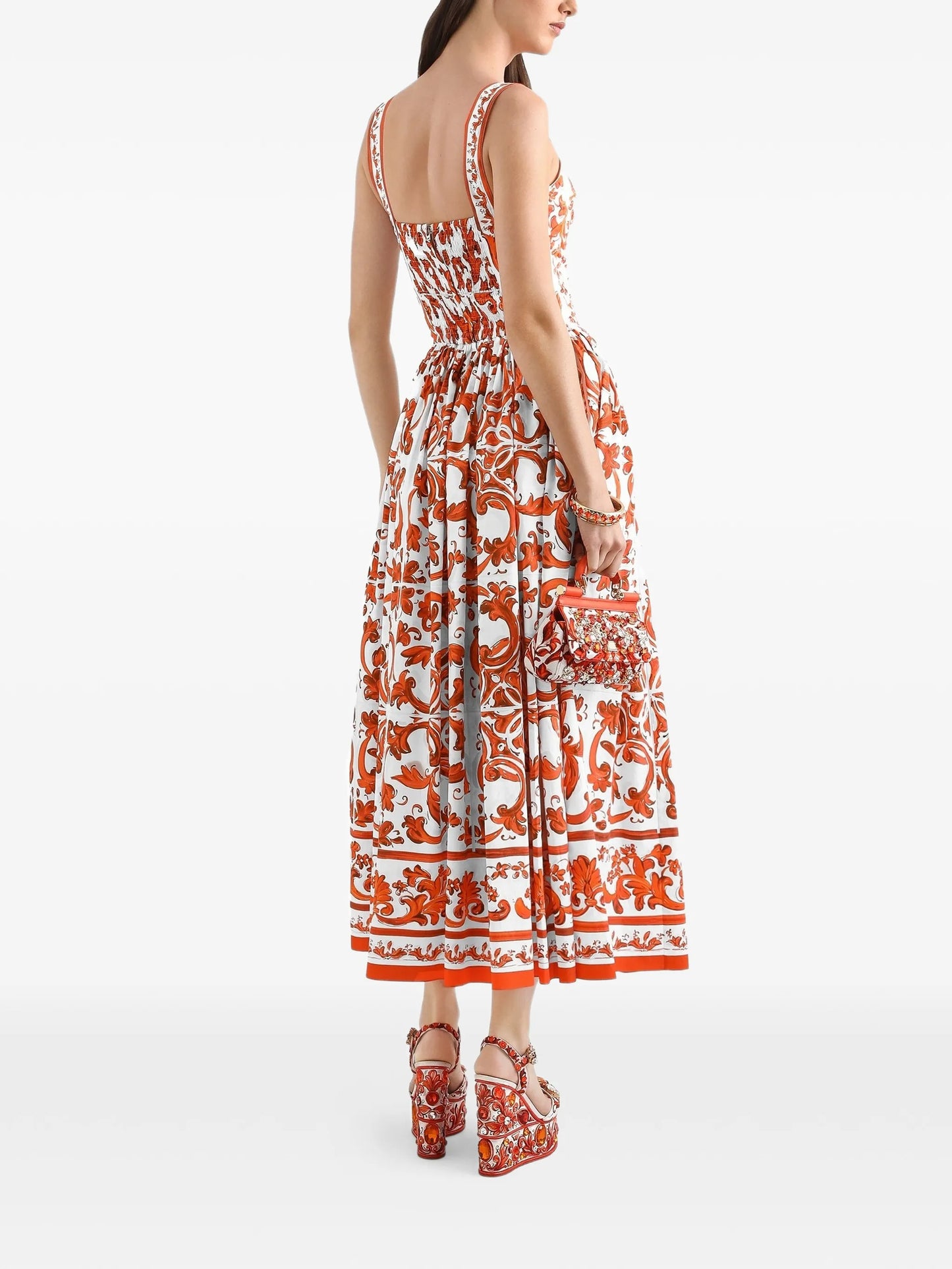 Majolica-print long poplin dress