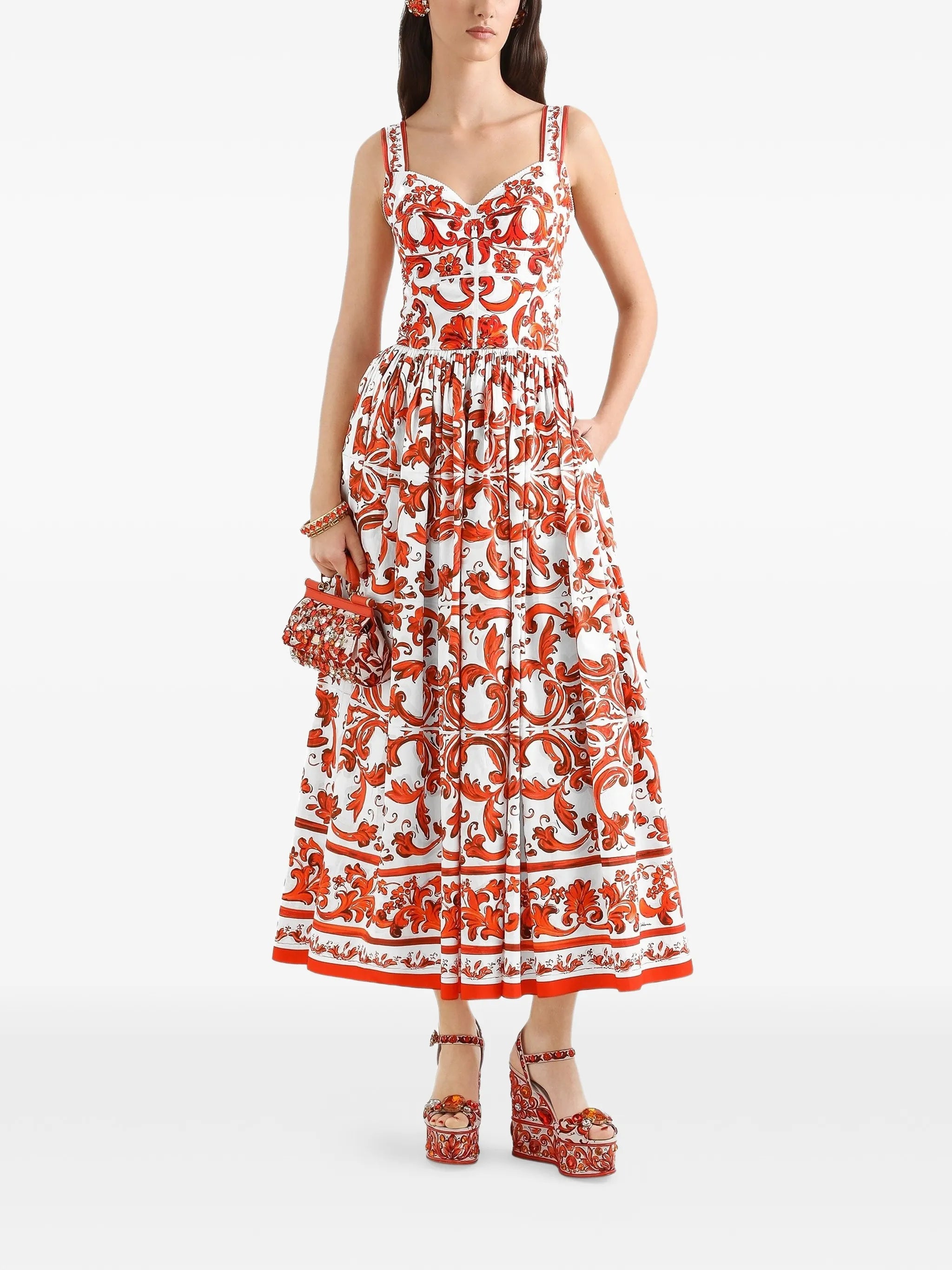 Majolica-print long poplin dress
