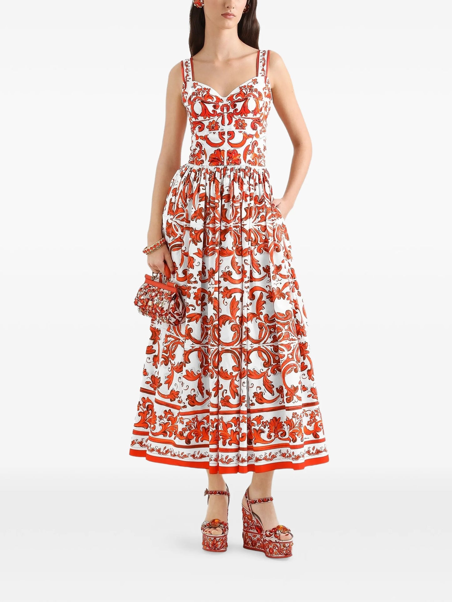 Majolica-print long poplin dress