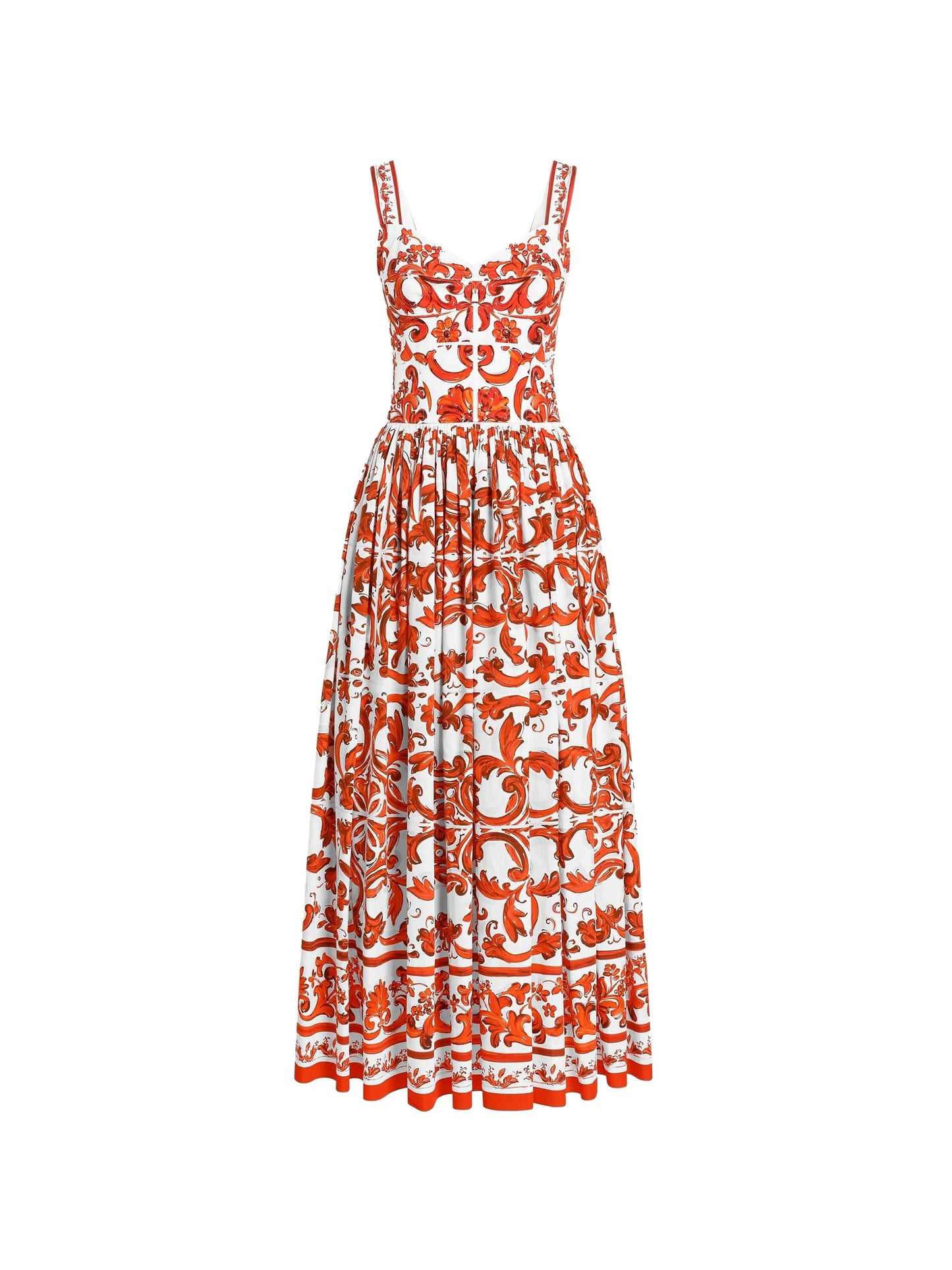 Majolica-print long poplin dress