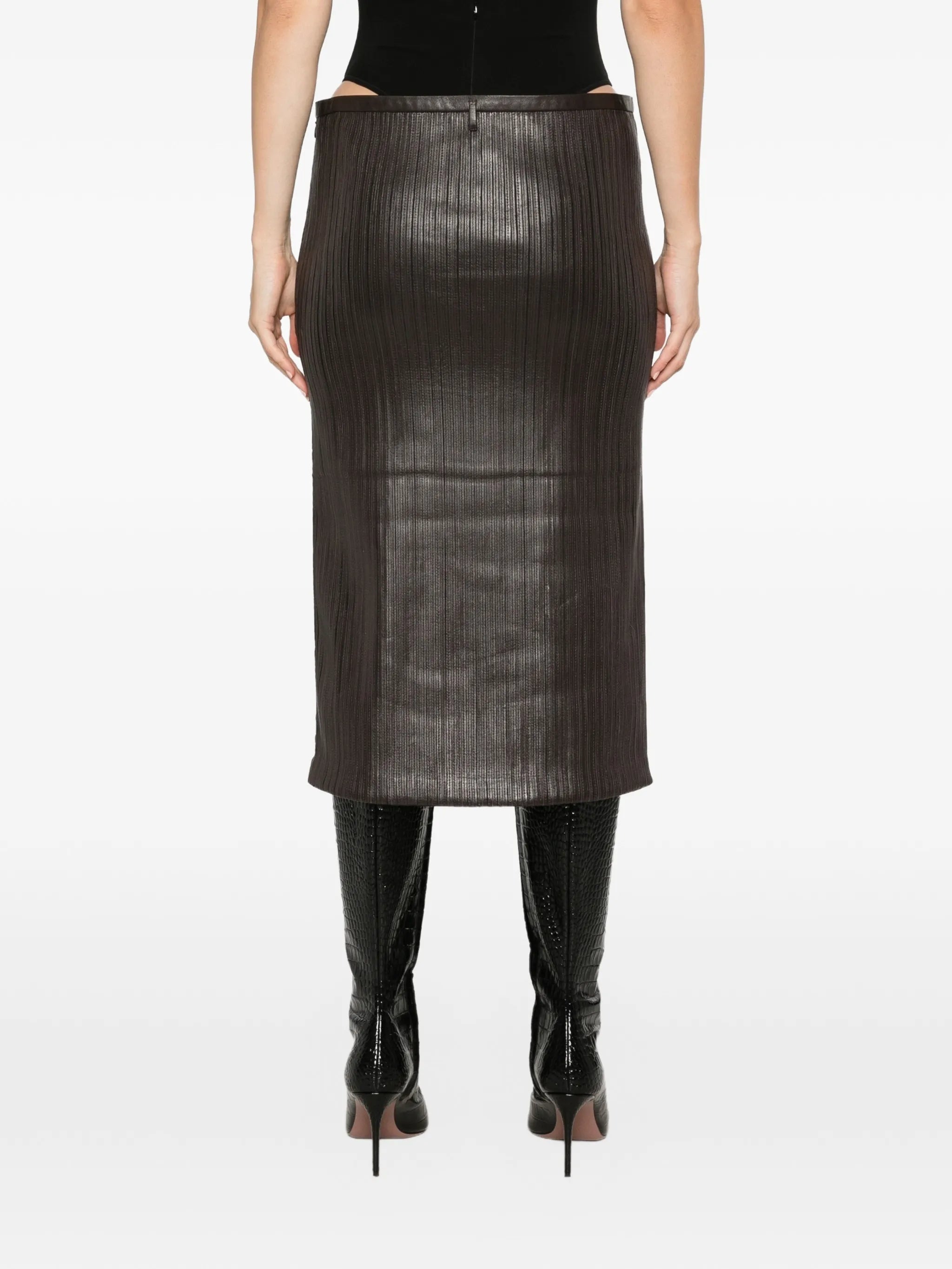 leather-embroidered midi skirt