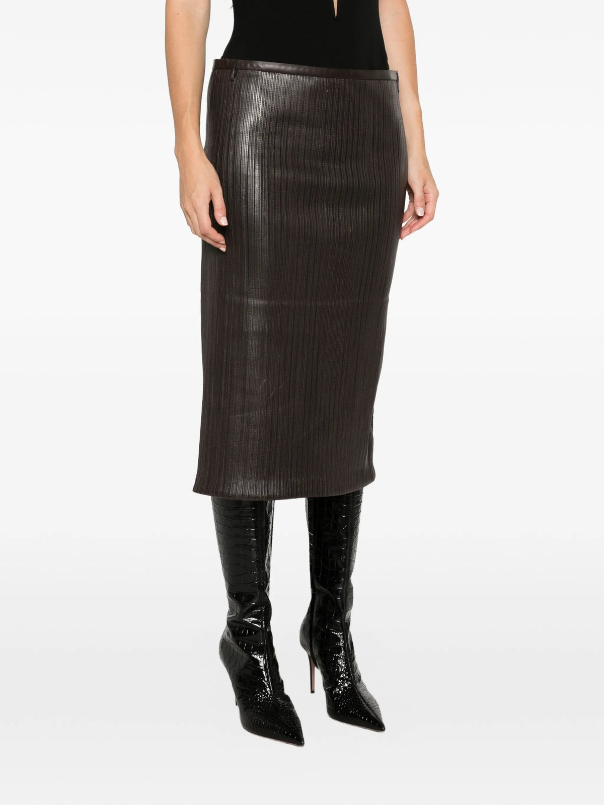 nappa leather stripes embroidery on jersey tube skirt