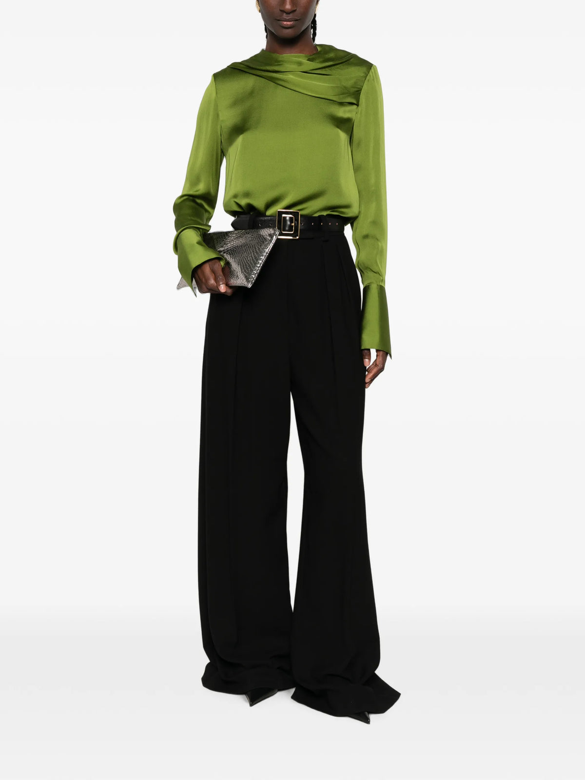 stonewashed silk georgette long sleeve draped collar blouse