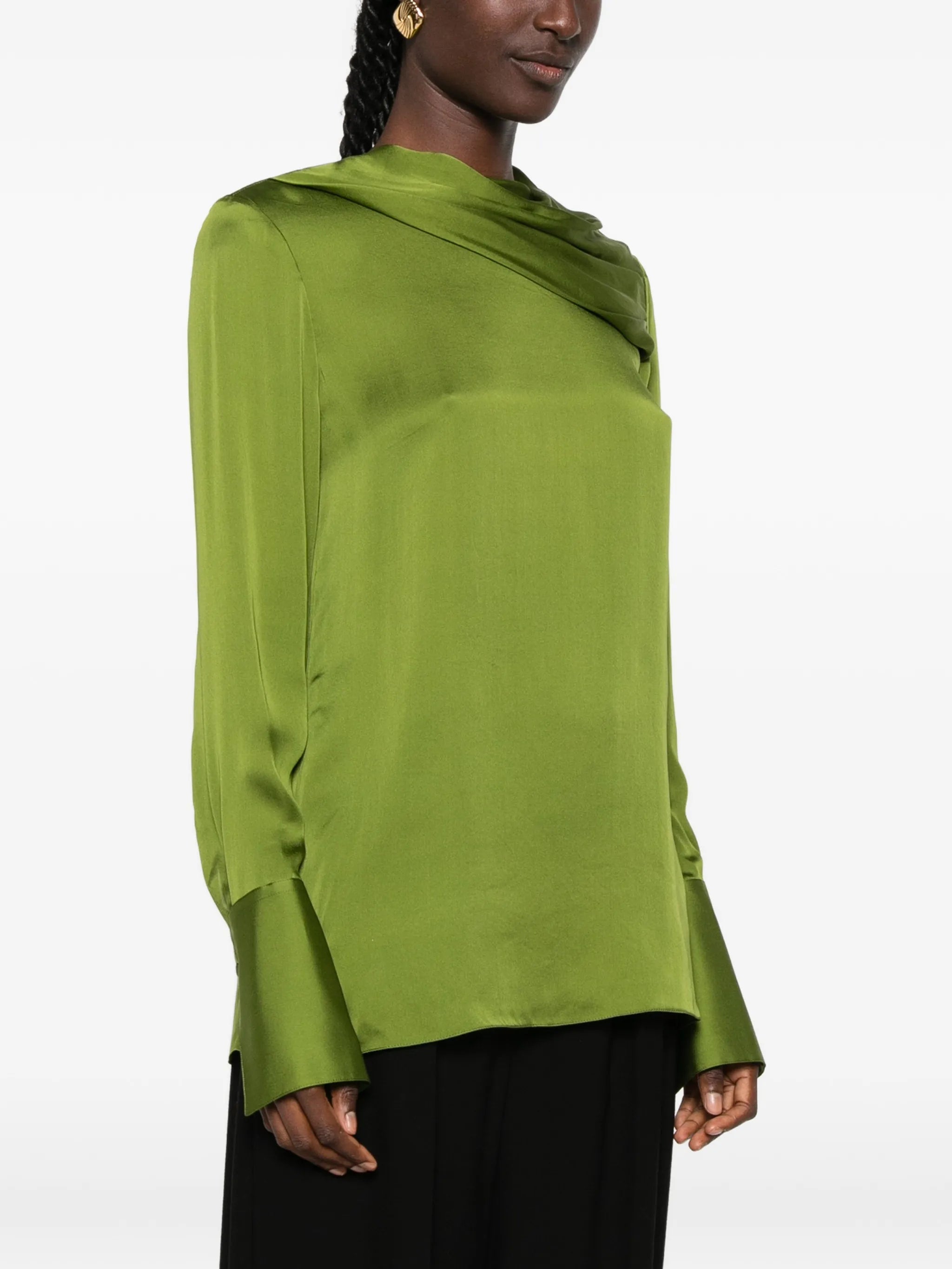 stonewashed silk georgette long sleeve draped collar blouse