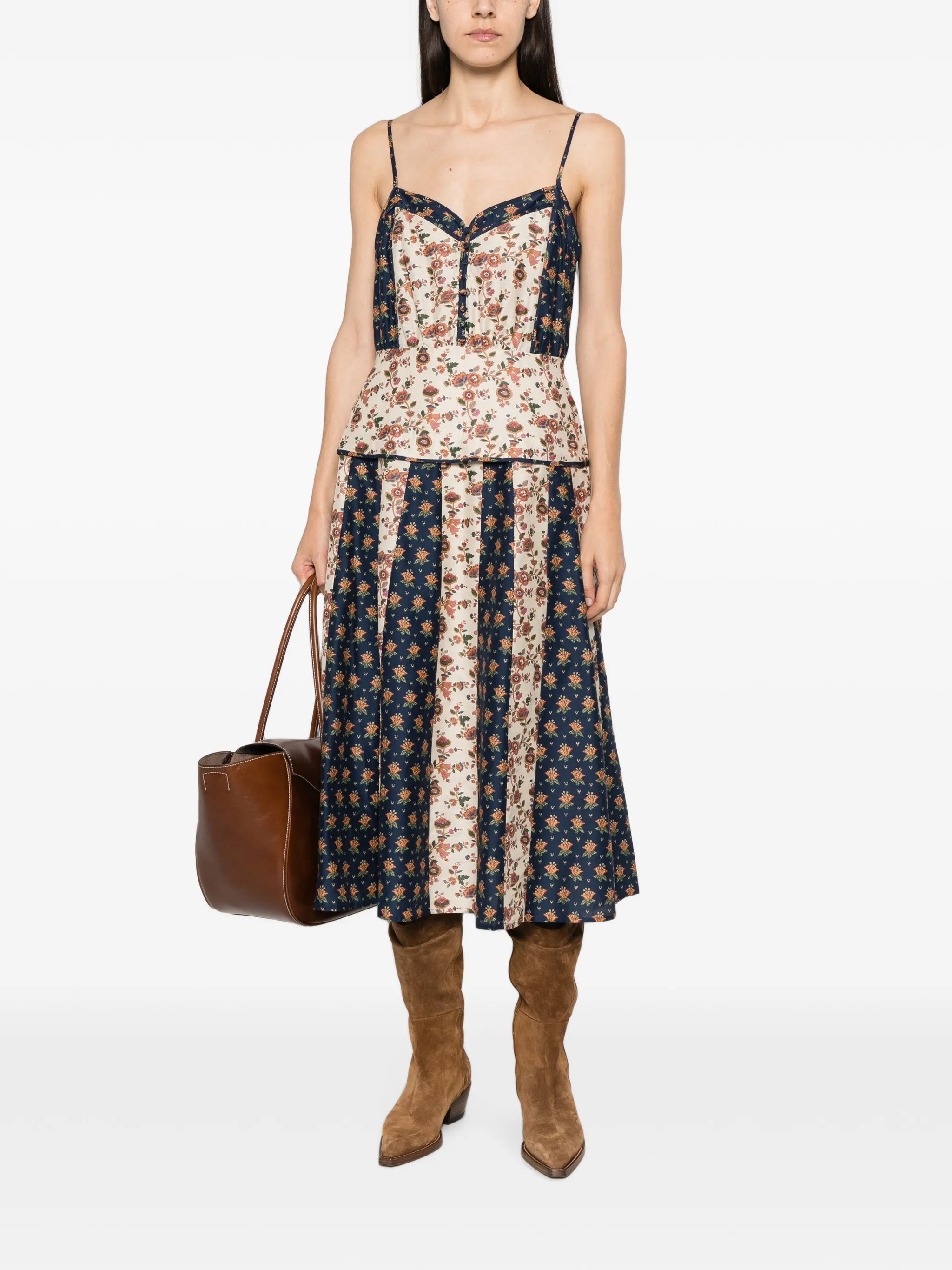 floral-print paneled midi dress