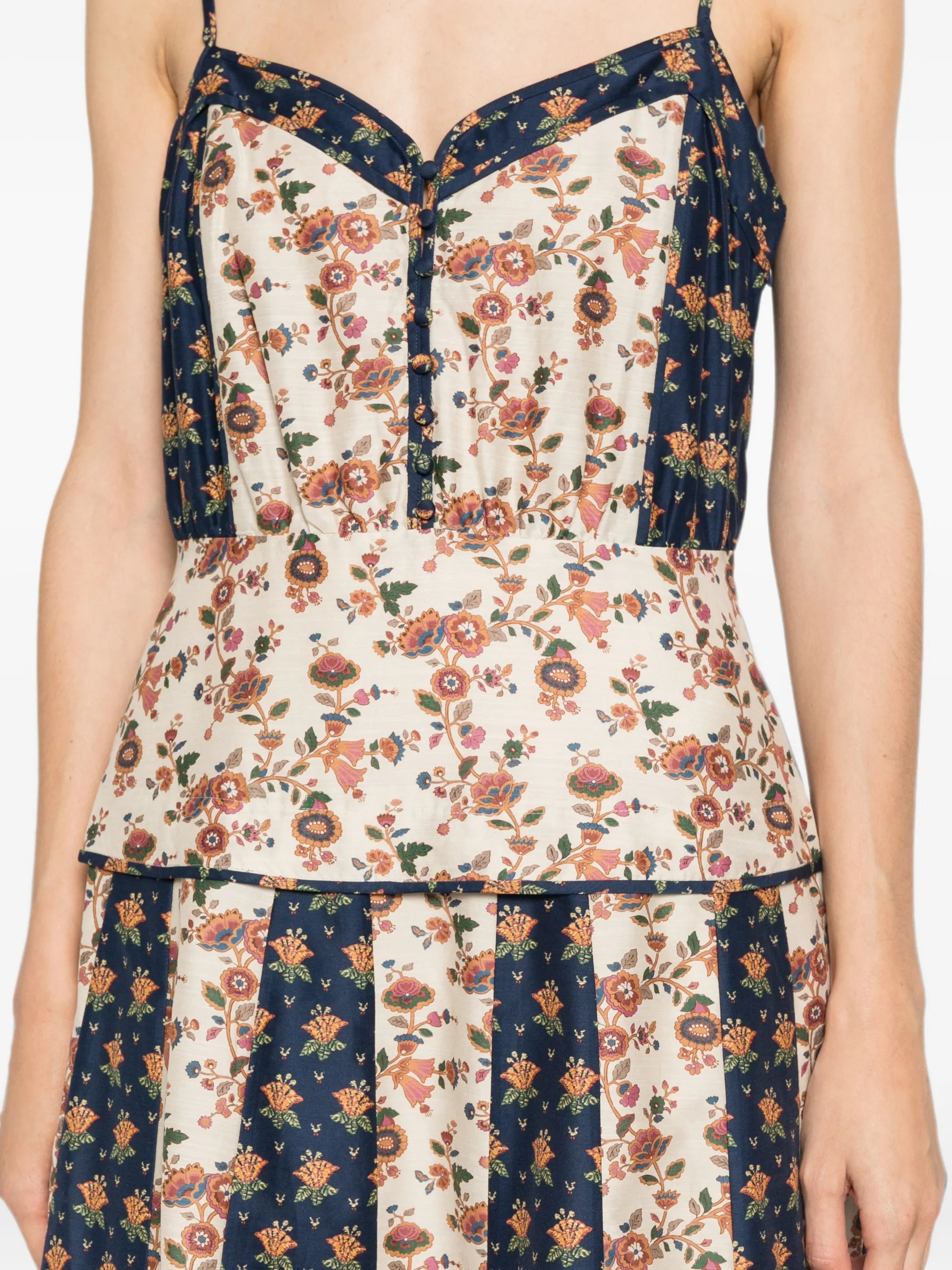 floral-print paneled midi dress
