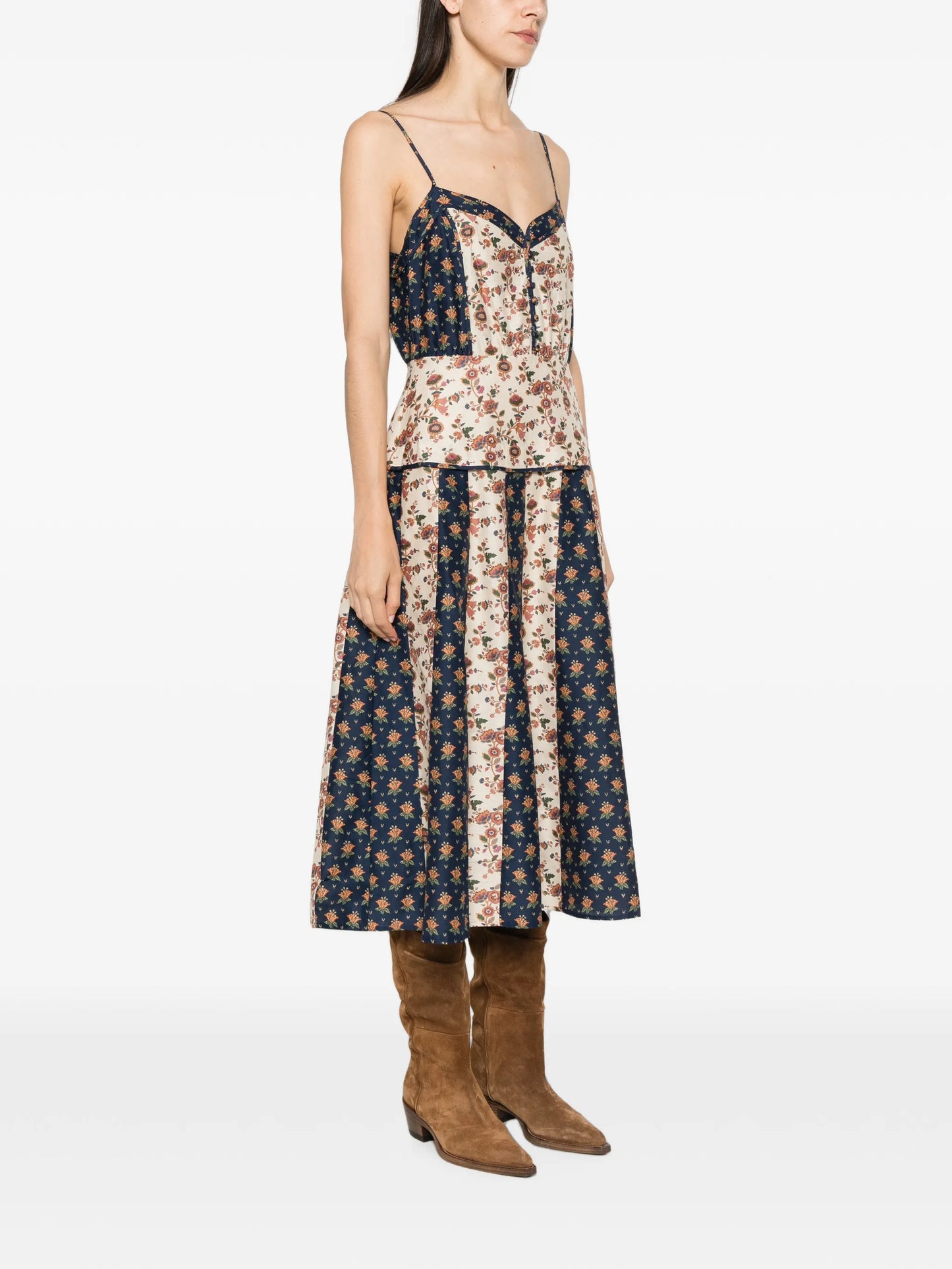 floral-print paneled midi dress