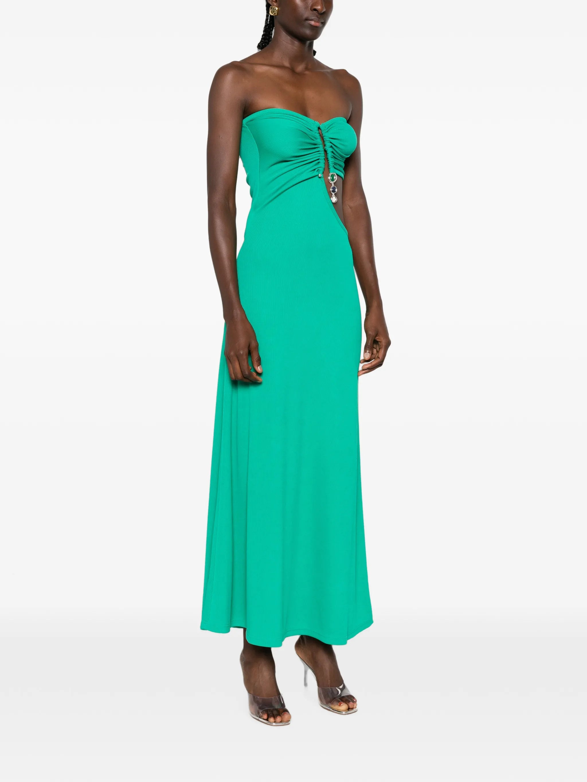 crystal-pendant strapless maxi dress