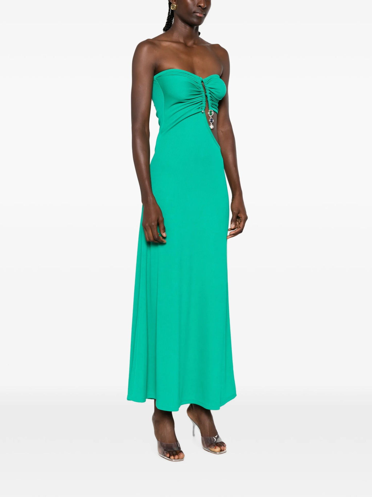 crystal-pendant strapless maxi dress