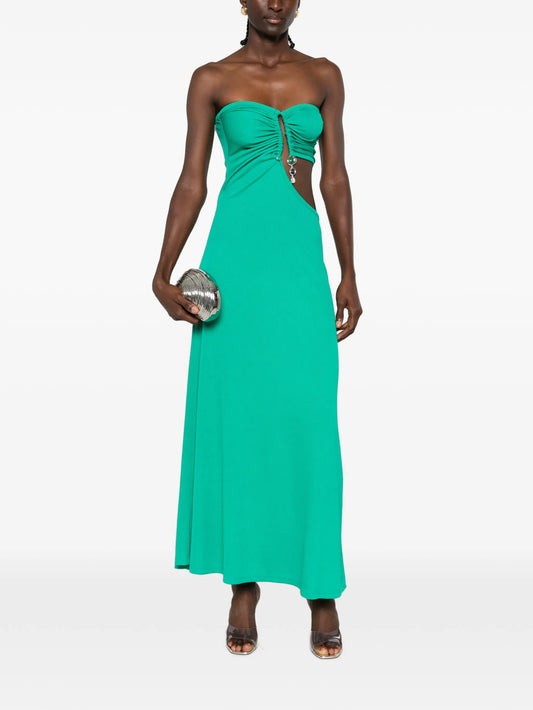 crystal-pendant strapless maxi dress