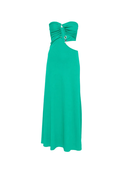 crystal-pendant strapless maxi dress