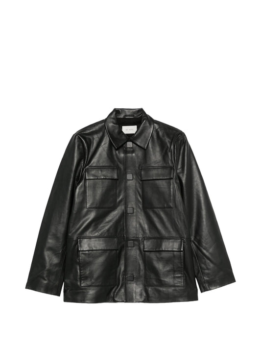 flap-pocket leather jacket