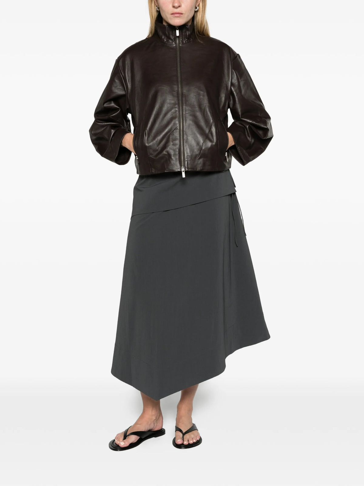 cocoon zip leather jacket - chocolate