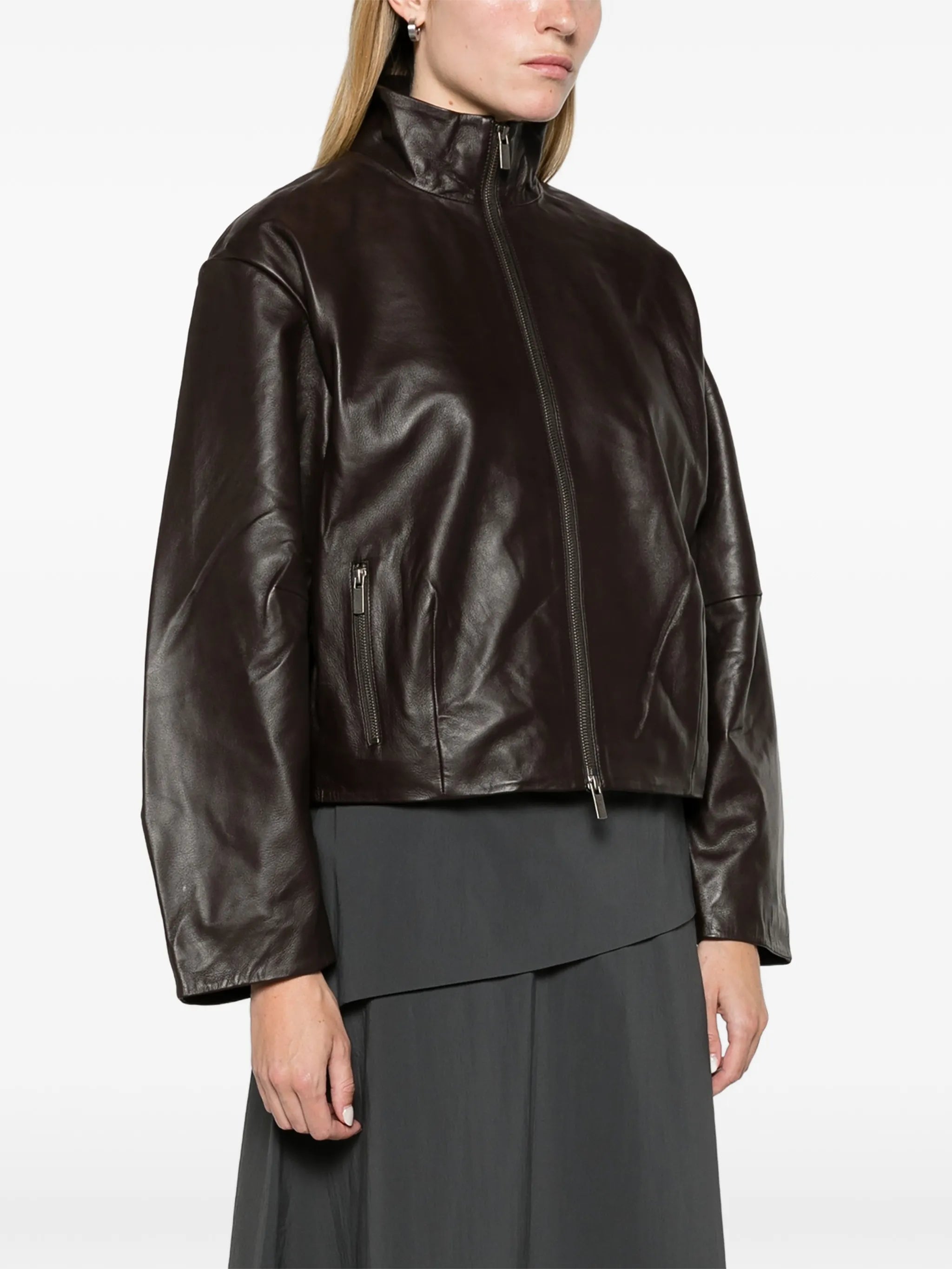 cocoon zip leather jacket - chocolate