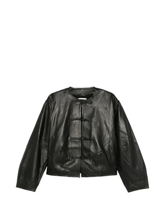 button-detail cocoon leather jacket - black