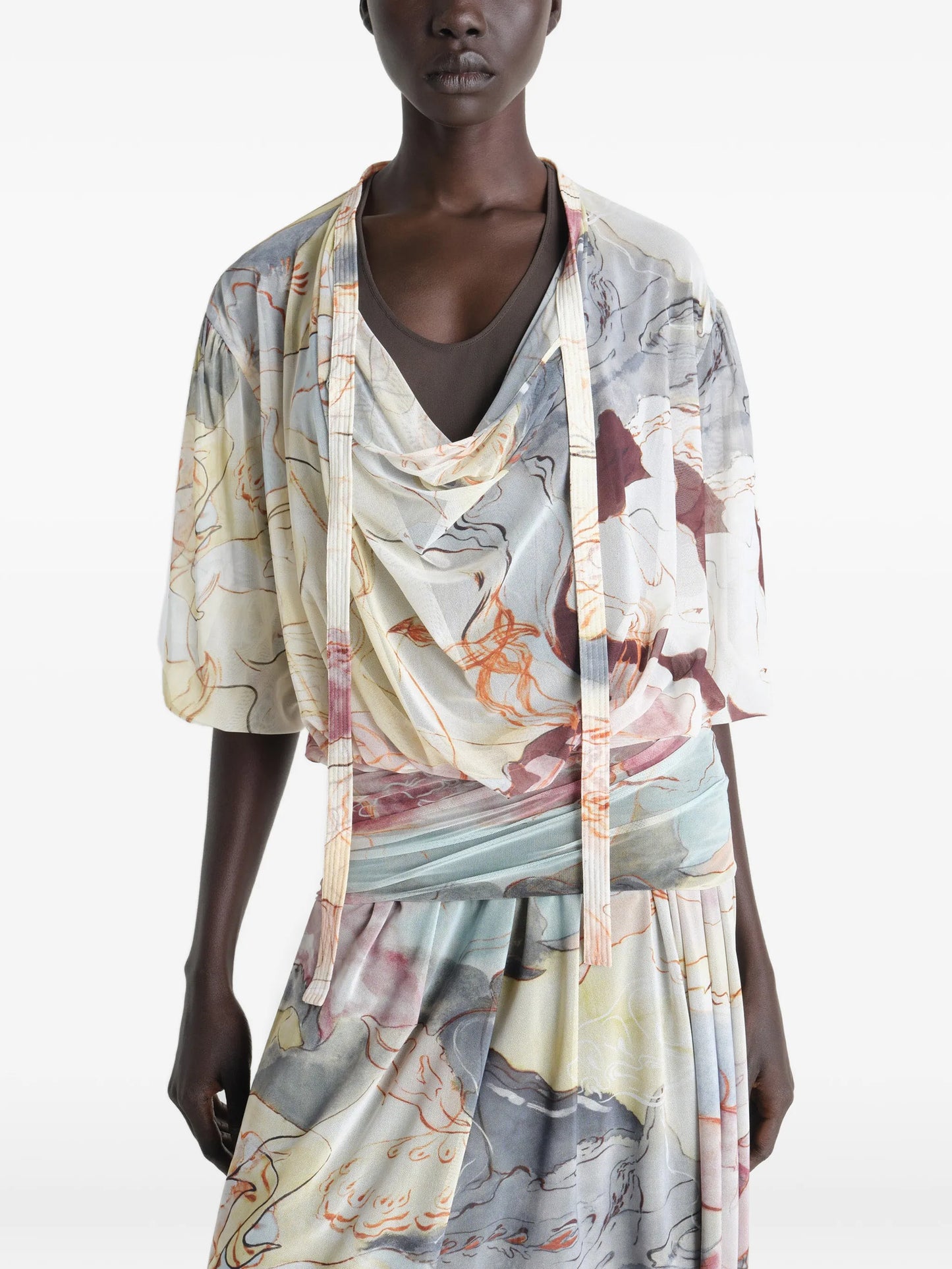 draped floral print midi dress