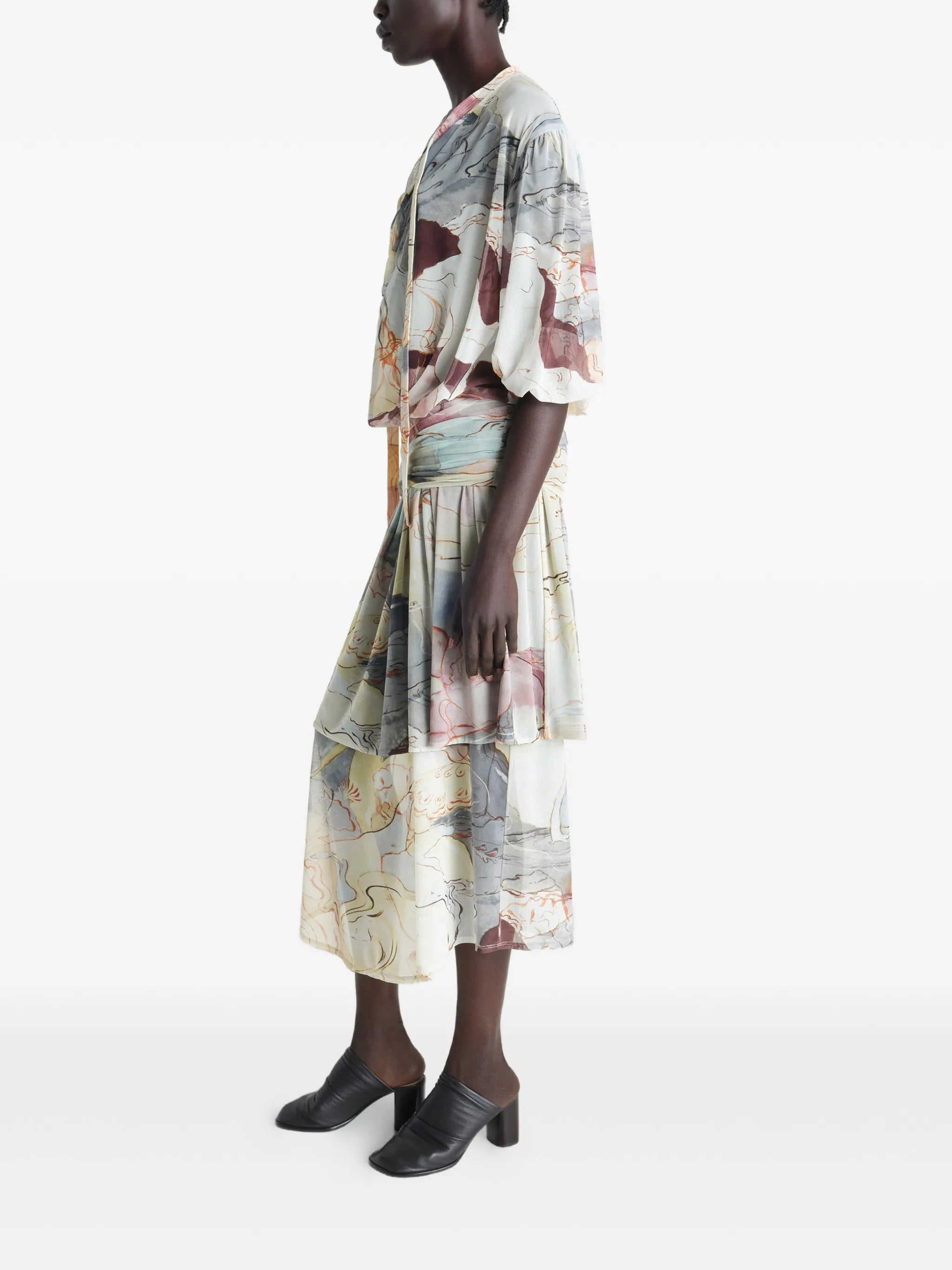 draped floral print midi dress