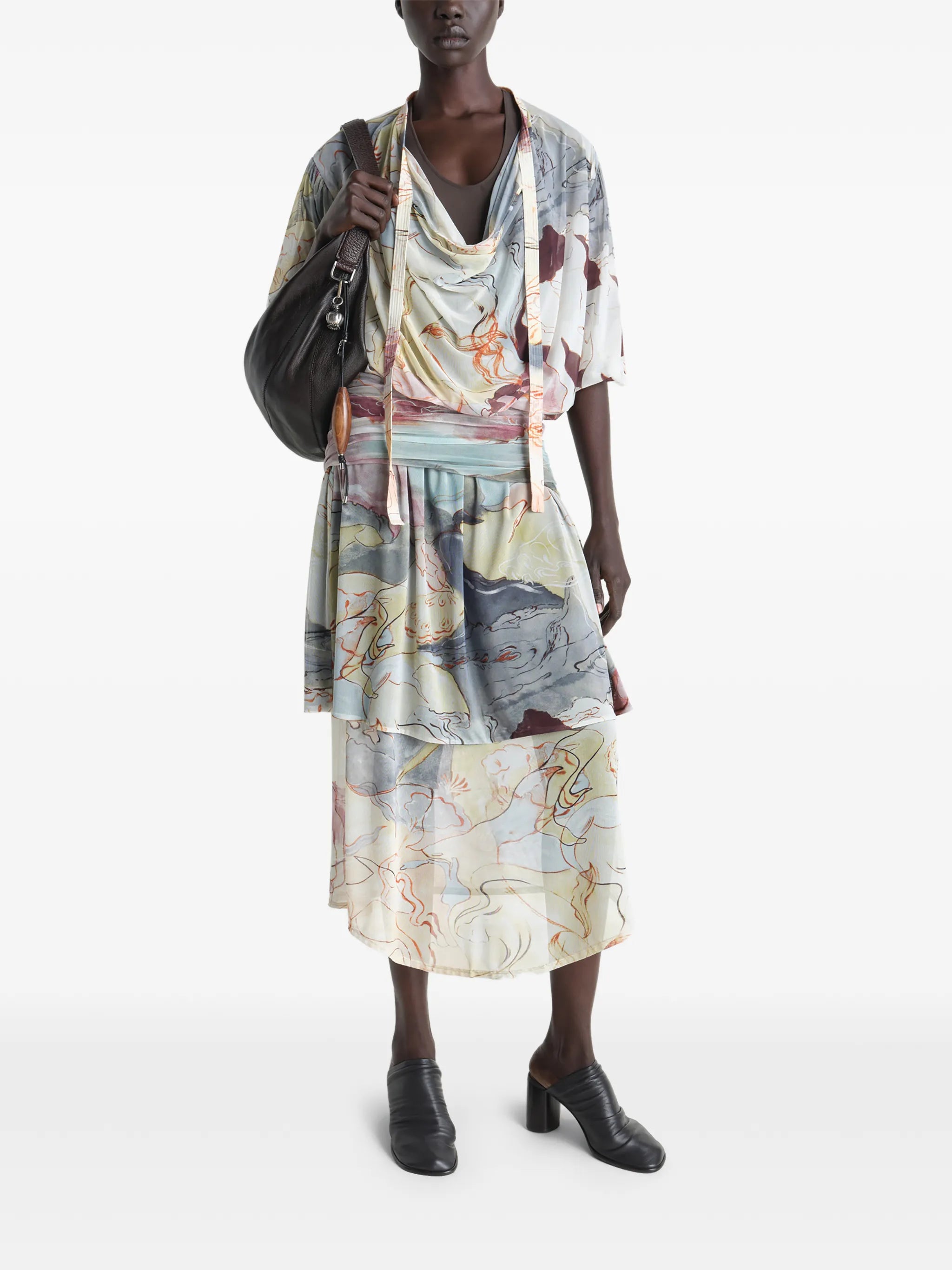 draped floral print midi dress