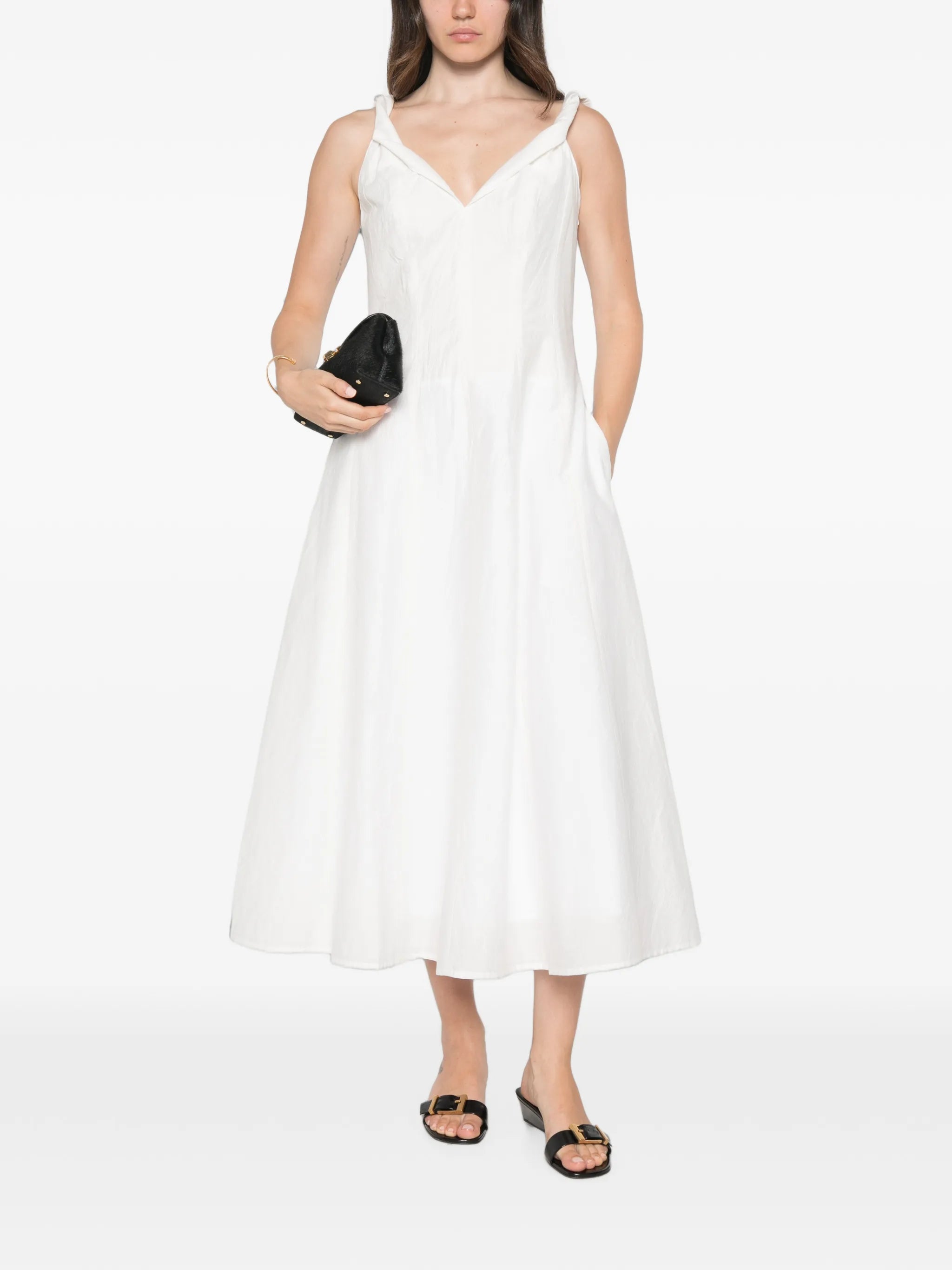 twisted-shoulder dress