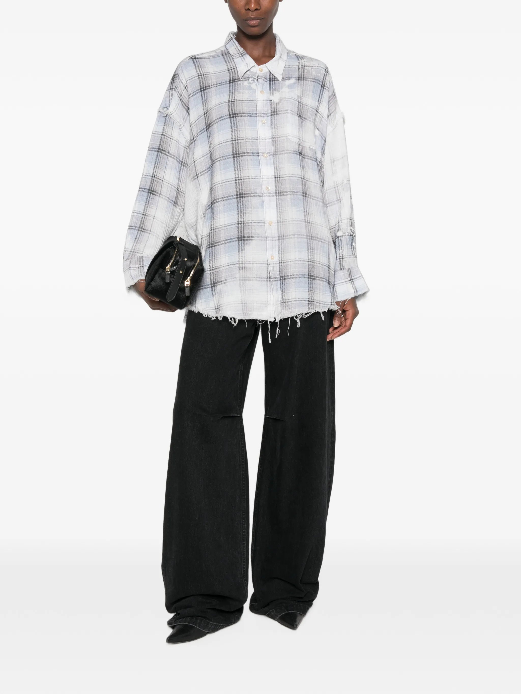 shredded-seam bleached-plaid shirt