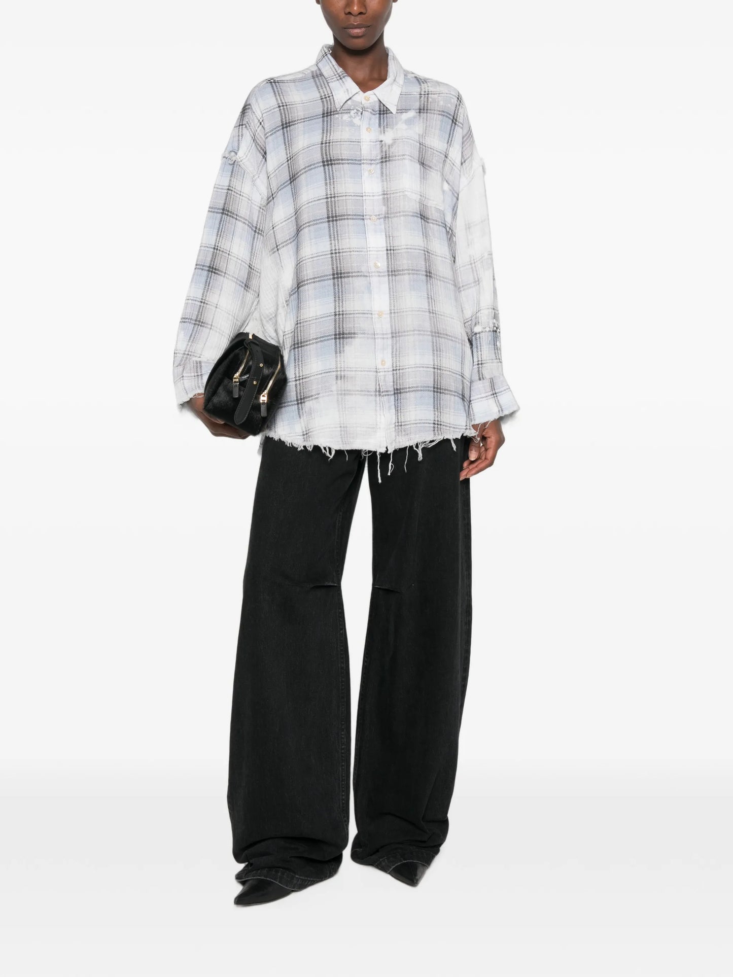 shredded-seam bleached-plaid shirt