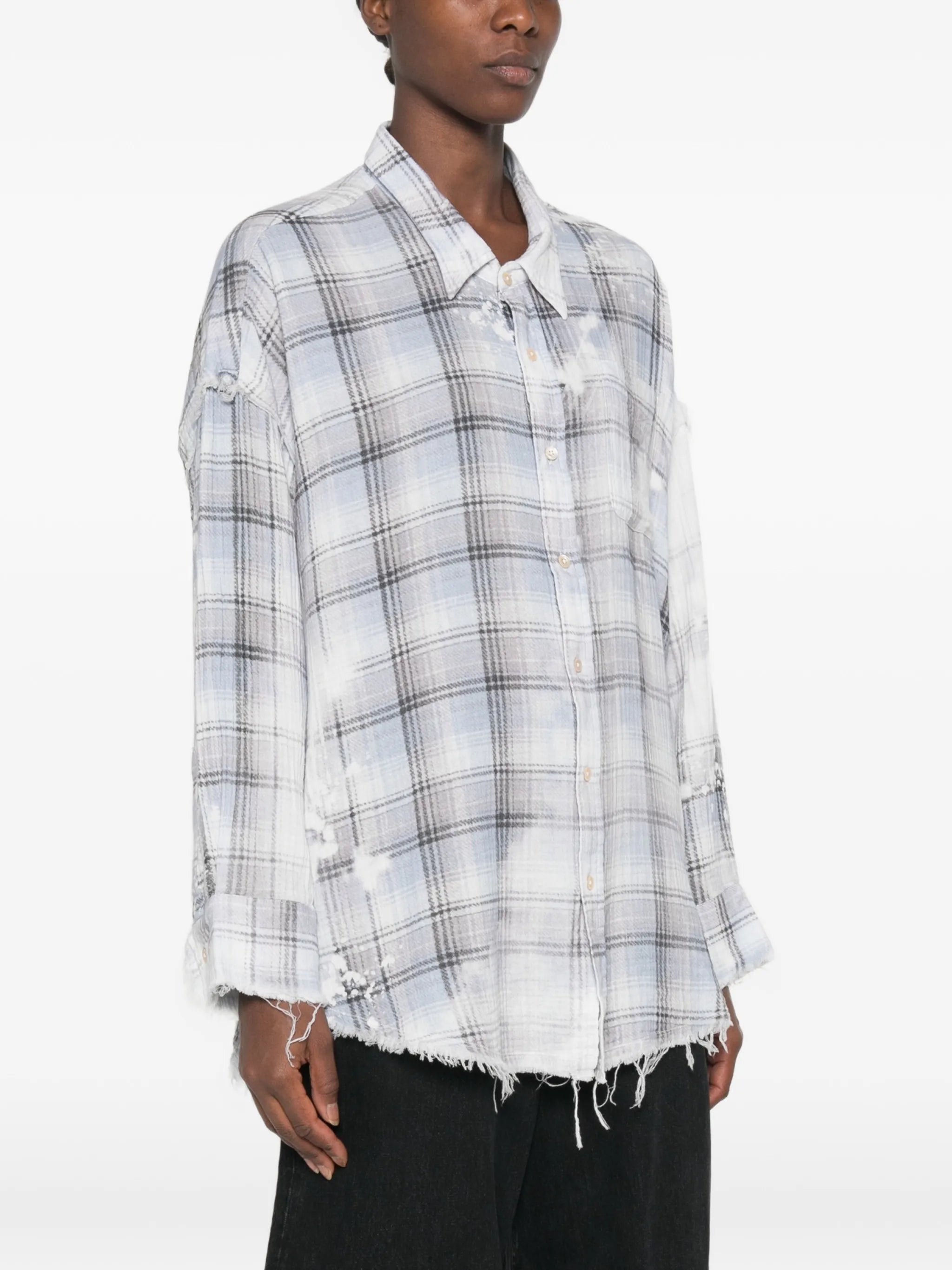 shredded-seam bleached-plaid shirt