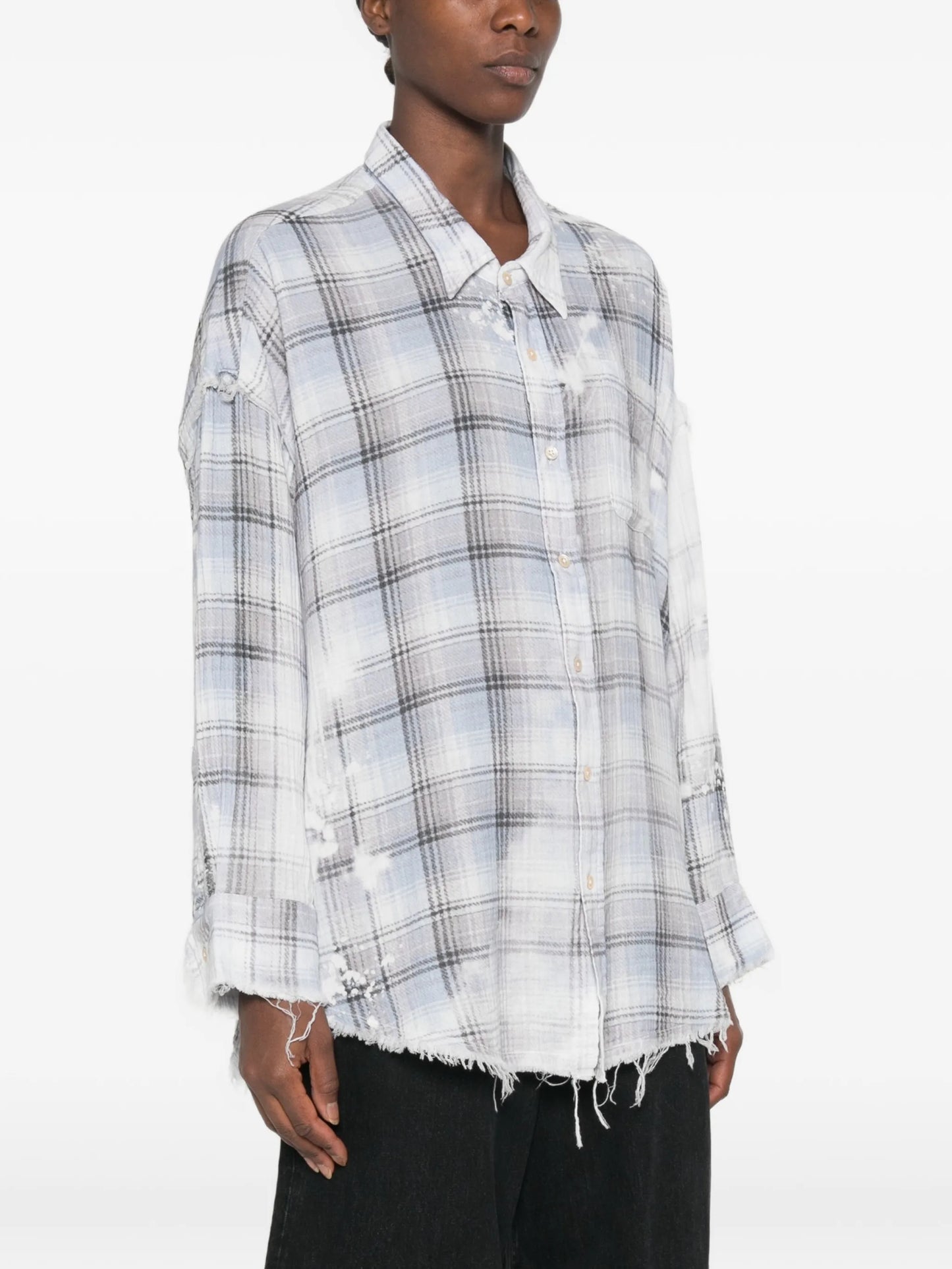 shredded-seam bleached-plaid shirt