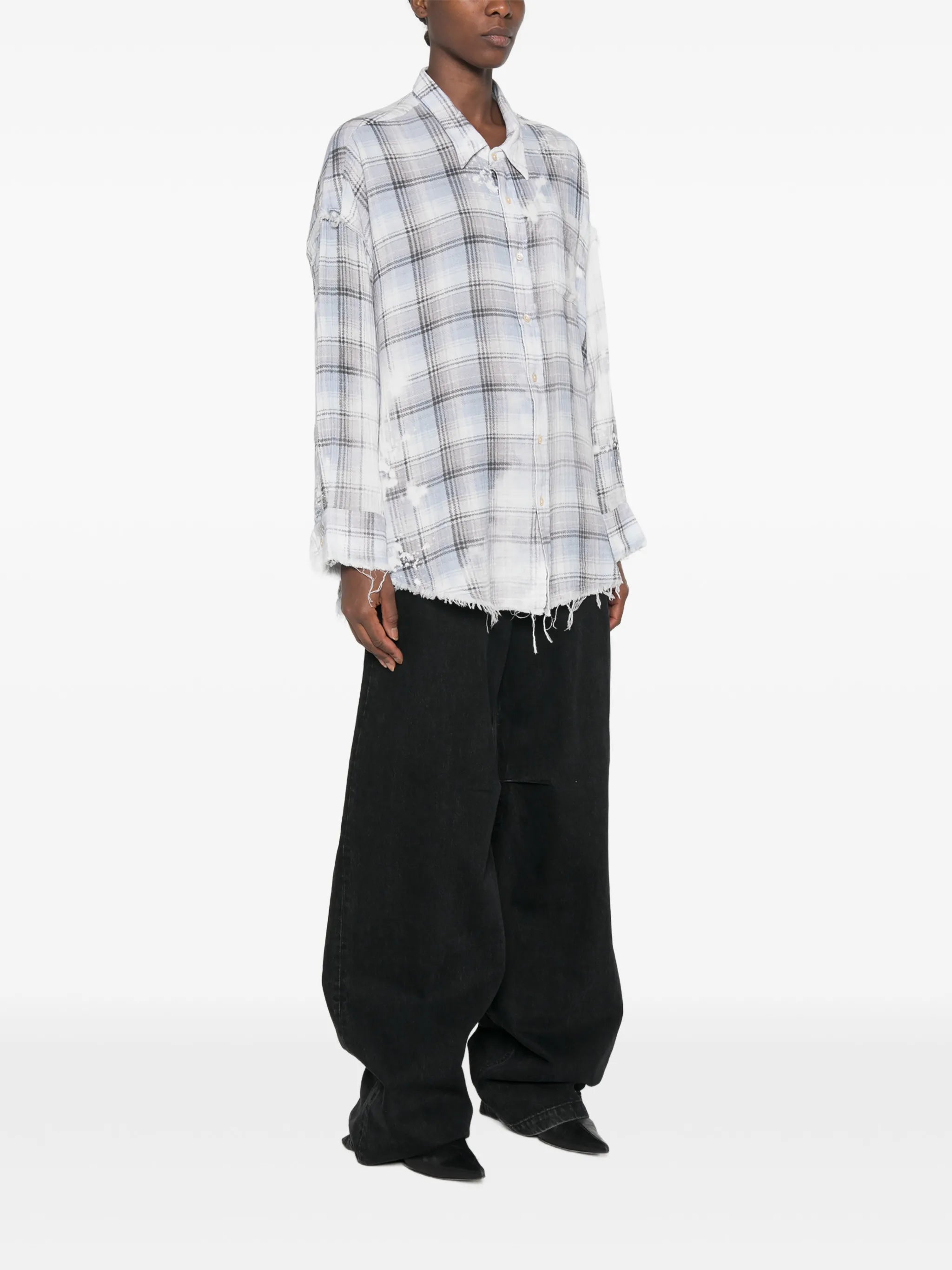 shredded-seam bleached-plaid shirt