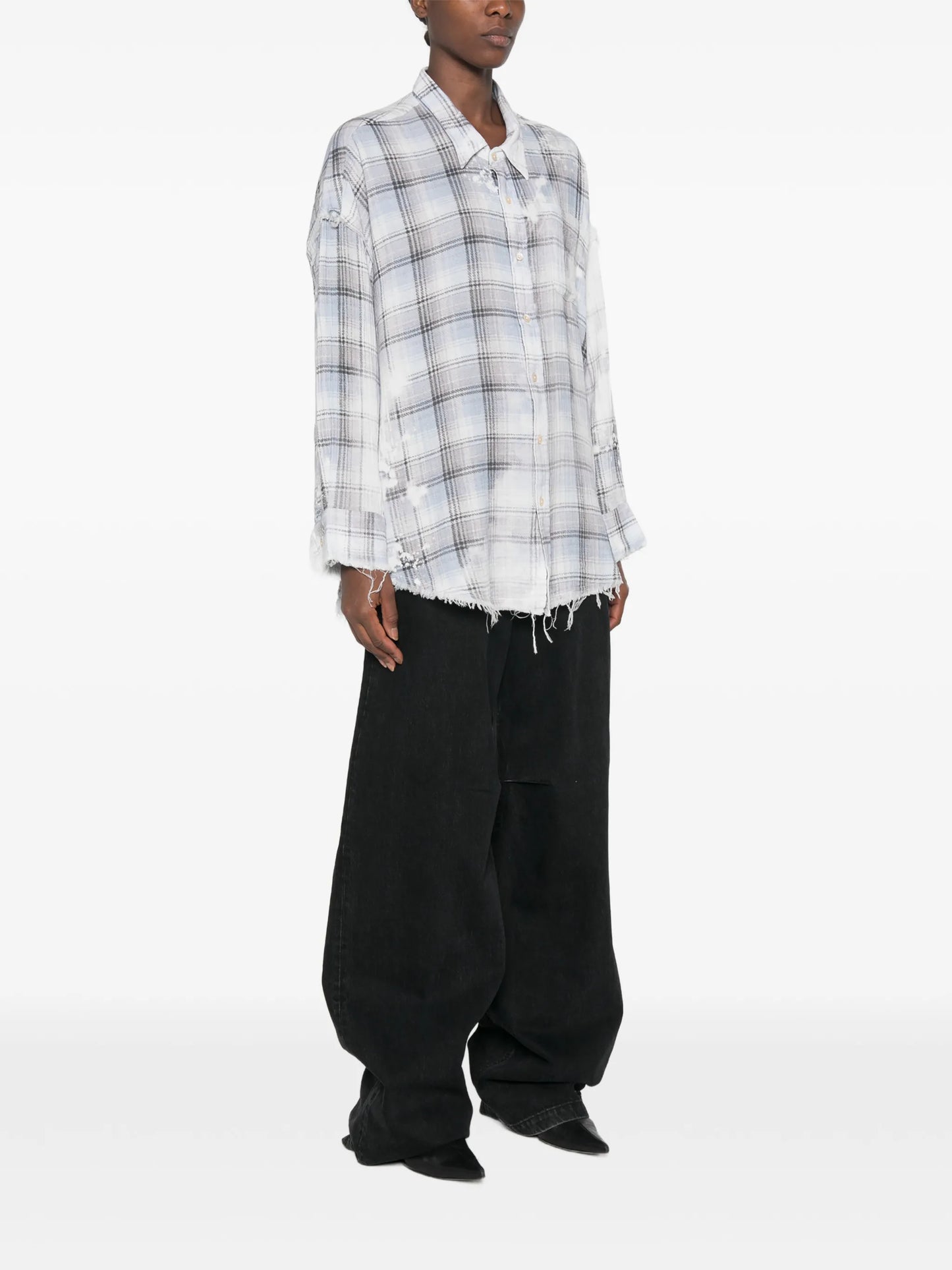 shredded-seam bleached-plaid shirt